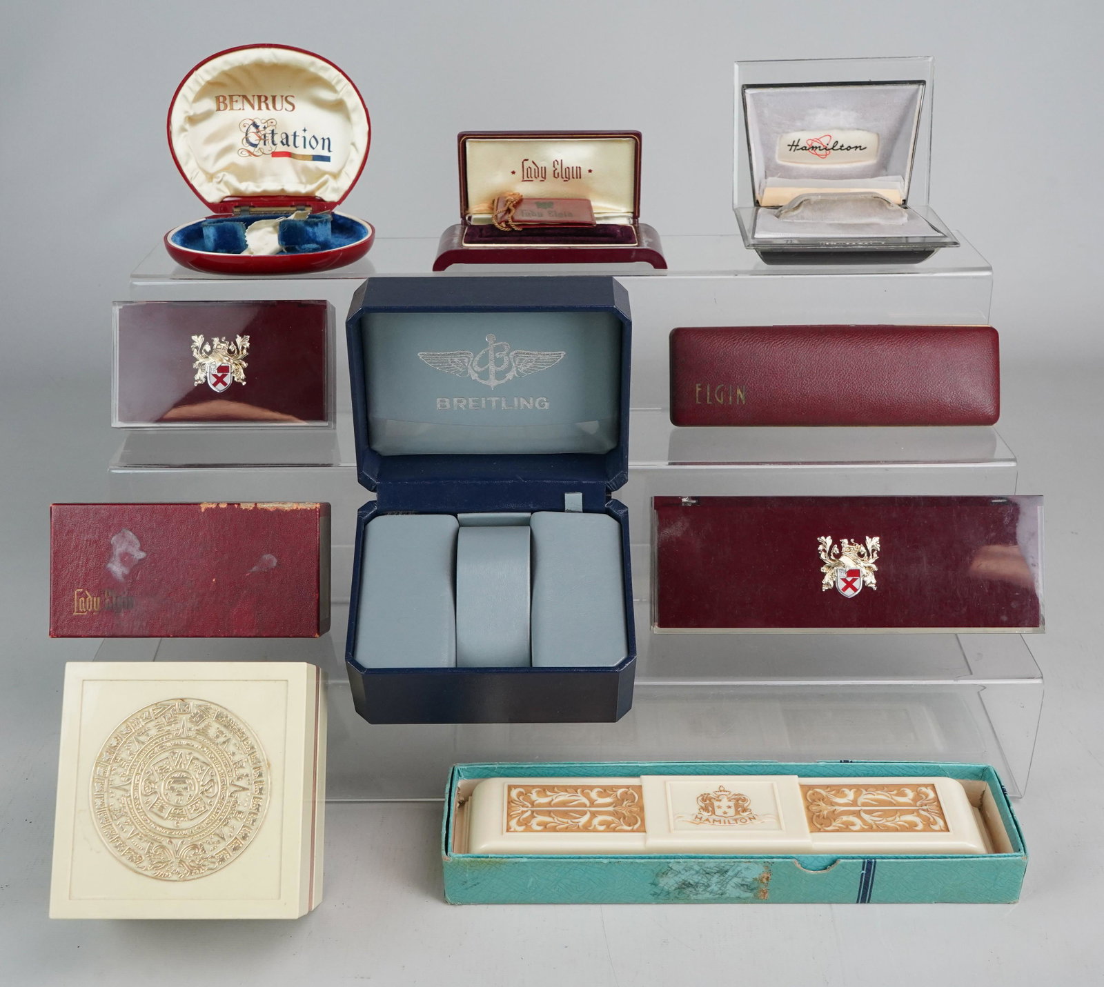 (10) Empty Vintage Watch Boxes: (10) Empty vintage presentation watch boxes, c/o (3) Hamilton, (5) Lord & Lady Elgin, (1) Breitling, (1) Benrus Citation
