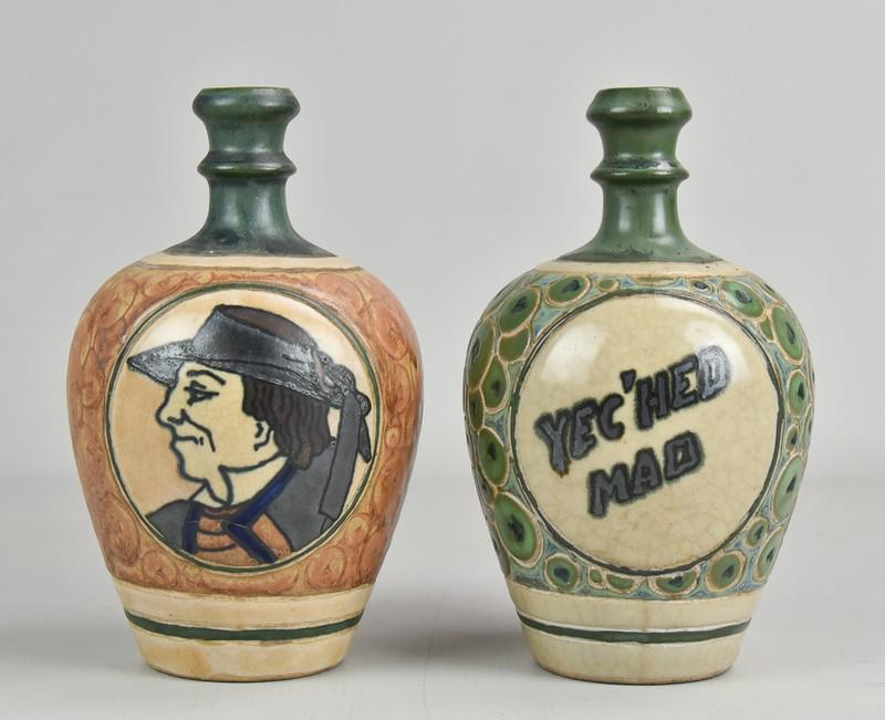 (2) HB Quimper Odetta Jugs: (2) HB Quimper pottery Odetta gres ware jugs, one with portrait, one with motto "Yec'hed Mad", 8" h