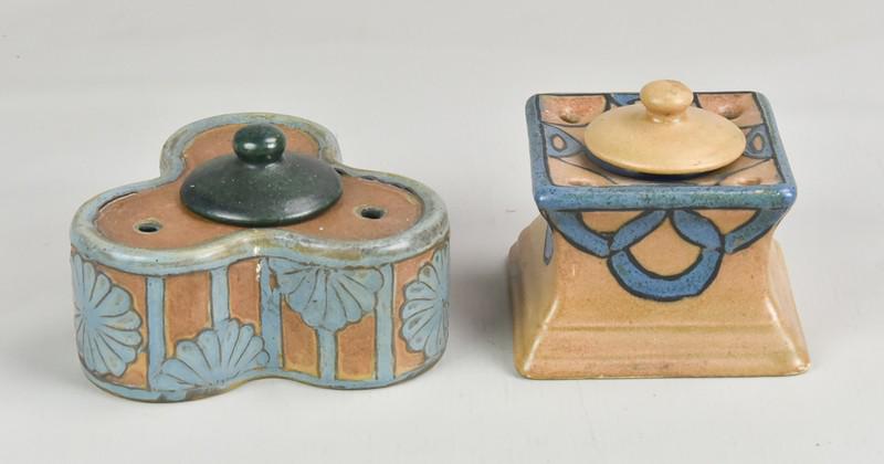 (2) HB Quimper Odetta Inkwells: (2) HB Quimper pottery Odetta gres ware Art Deco inkwells, c/o 3-7/8" square with lid and insert, 4-3/4" dia clover shaped with lid (insert included but broken, crack on side)