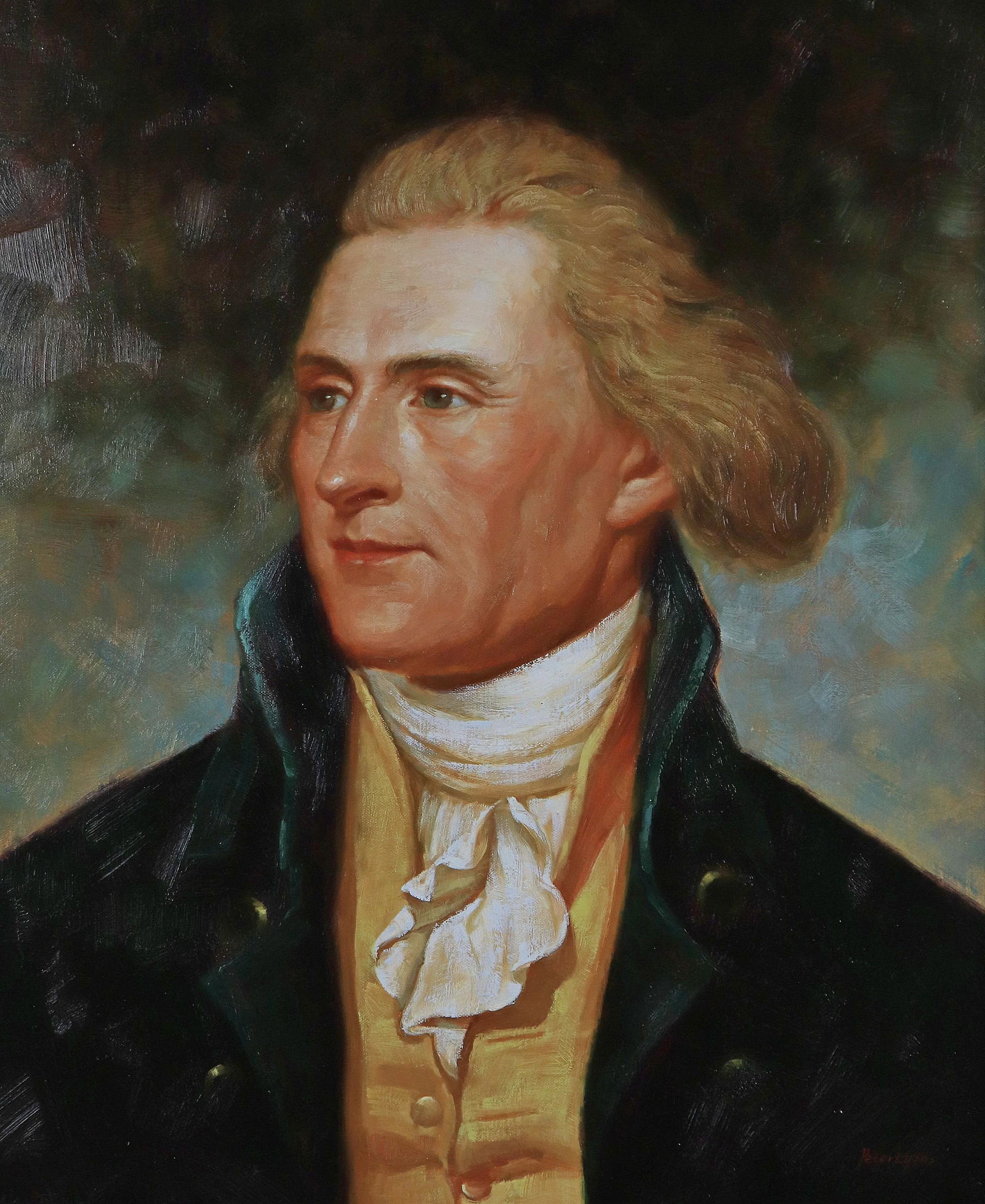 Reproduction Portrait Painting "Thomas Jefferson": Reproduction portrait painting "Thomas Jefferson", oil on canvas, signed "Peter Lyons", 24" x 20", framed 33-3/4" x 29-3/4", very good condition