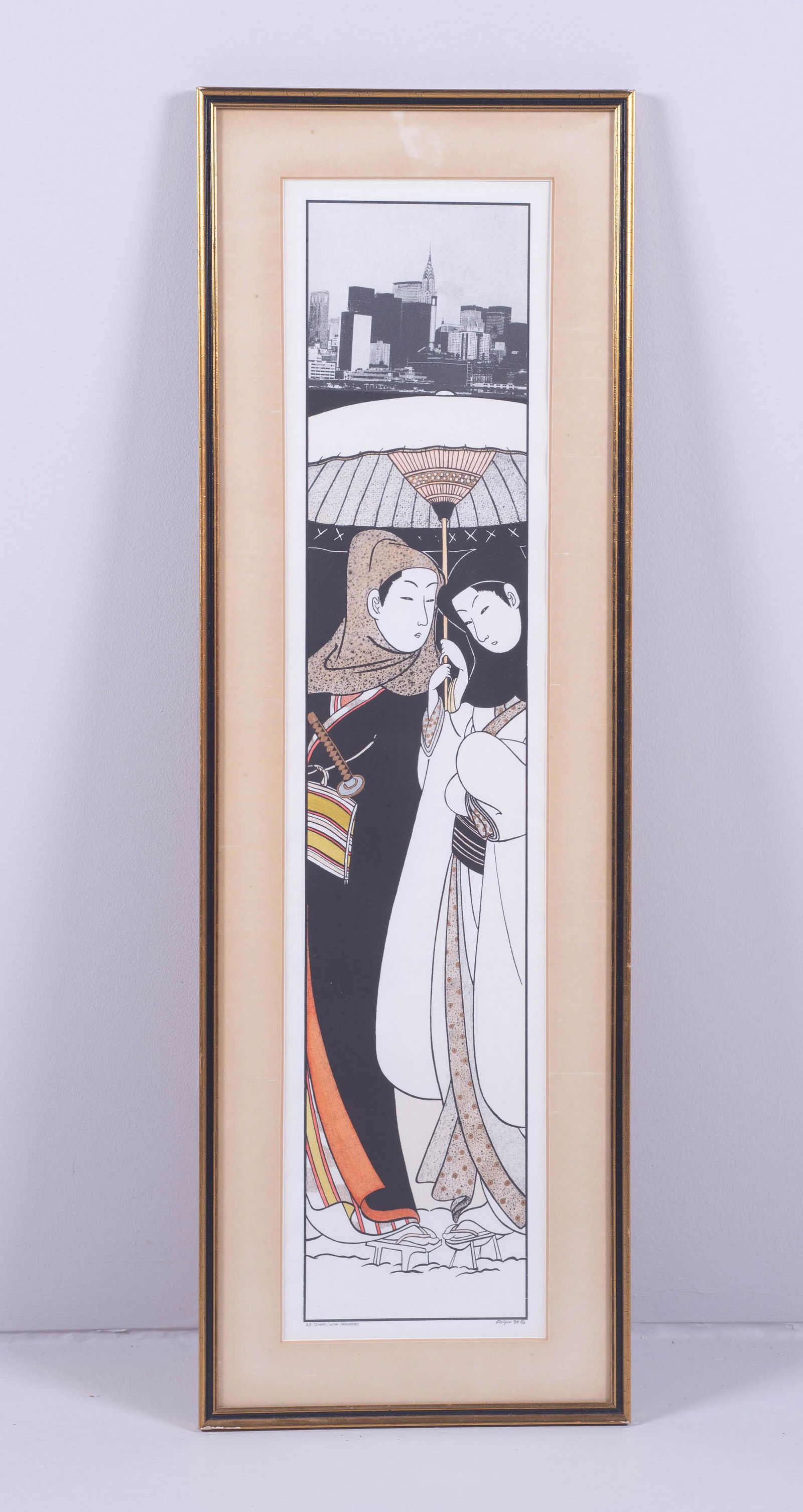 Michael Knigin Japanese Print " lovers": Michael Knigin (American, 1942-2011) Japanese print " lovers", after an original by Harunobu, reinterpreted depicting 2 Japanese women in New York City, lithograph in colors, pencil signed "Knigin '78