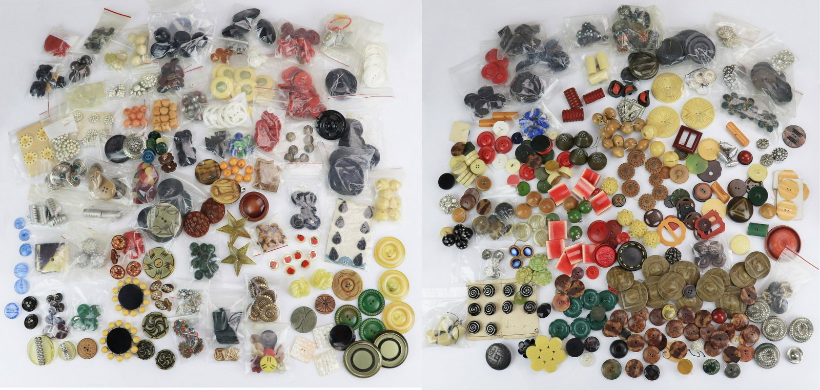 Bakelite, Celluloid, Rhinestone and Glass Buttons: Bakelite, celluloid, rhinestone and glass buttons including art deco glass, bakelite baubles, rhinestone adorned, celluloid and more.