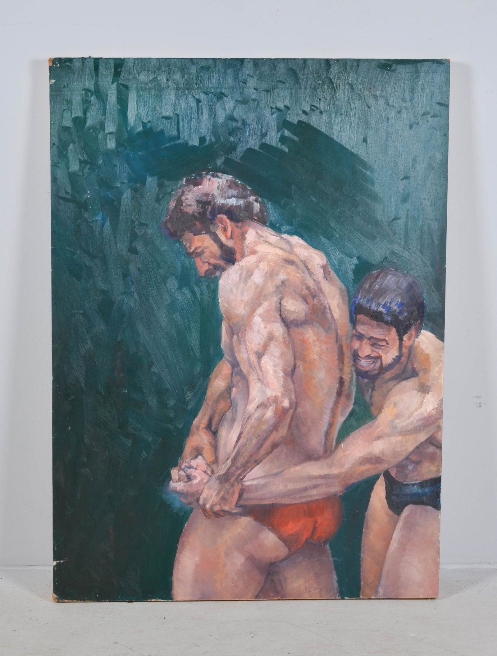 Iqbal Hussain Painting "Wrestlers": Iqbal Hussain, 20th C Pakistani painting "Wrestlers", oil on masonite, signed "Iqbal Hussain" on back, 48-1/4" x 35", good condition