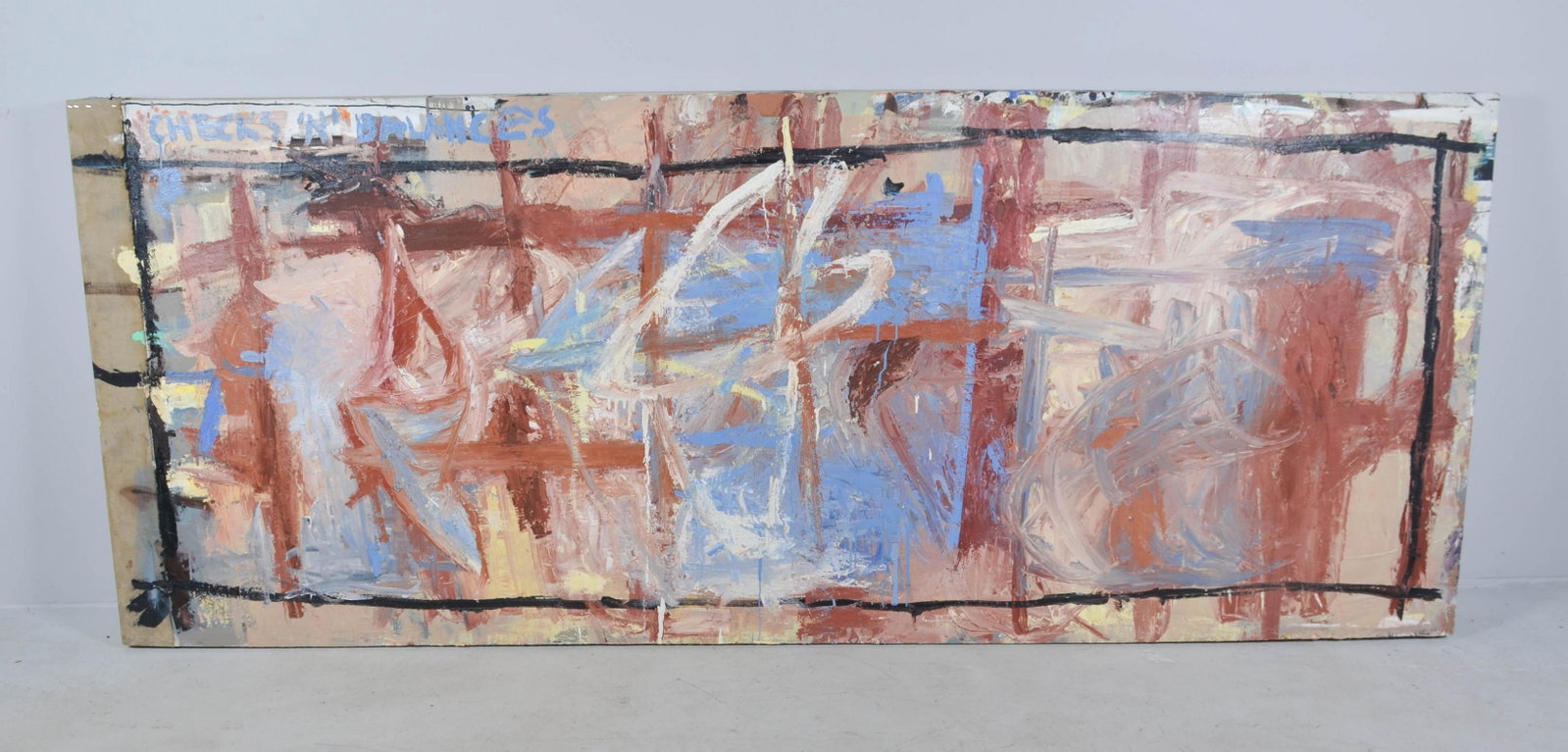 Kate Augenblick Large Abstract Expressionist Ptg: Kate Augenblick, 20th C American,large abstract painting "Checks n' Balances", Augenblick is a New York artist and wife of artist Lorin Munk (James Kalm), oil on canvas, bears artist stamp on stretche