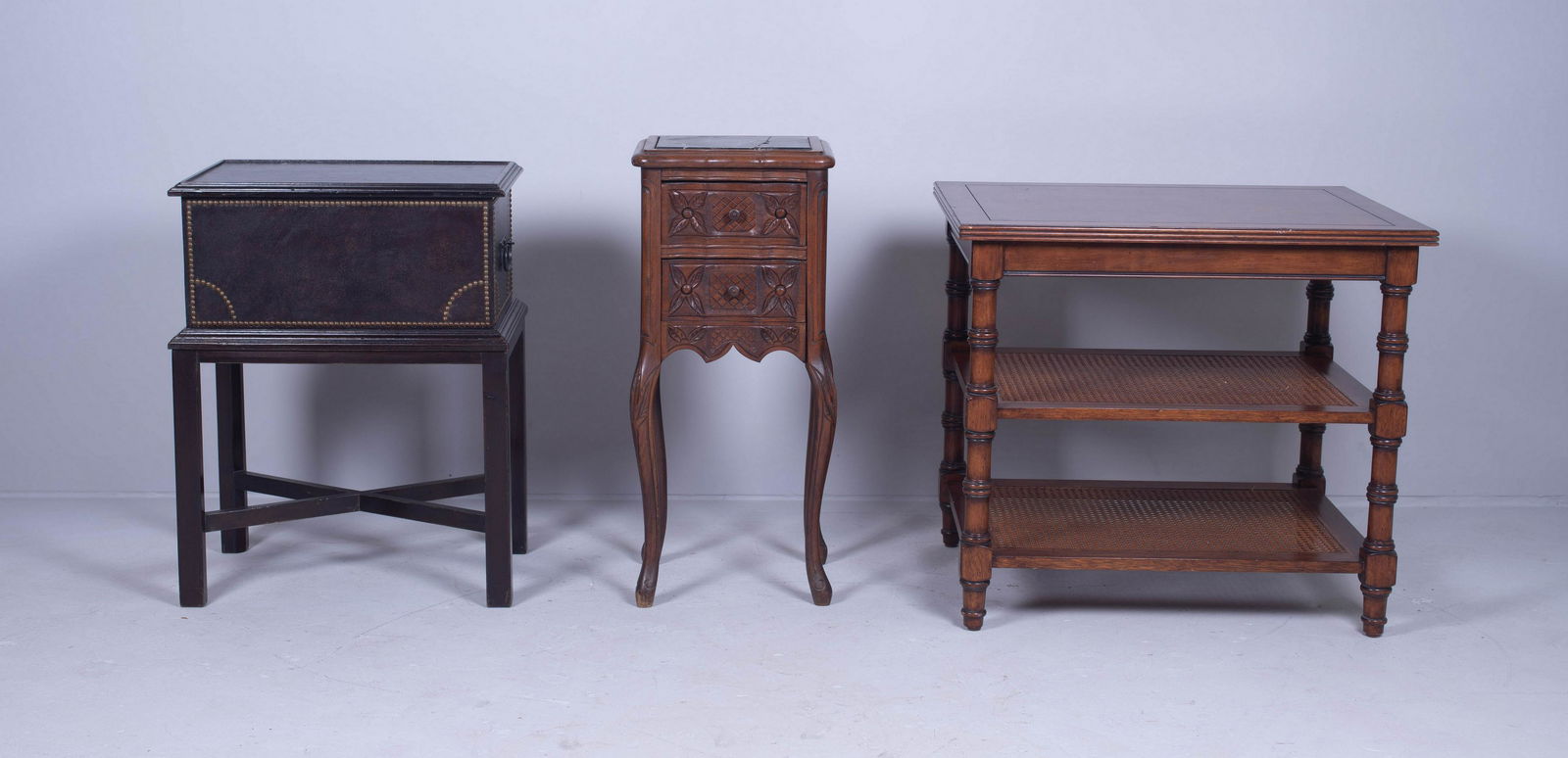 Ethan Allen mahogany 3 tier side table: Ethan Allen mahogany 3 tier side table, lower shelves caned, along with French style marbletop stand with two drawers, damage to marble insert, and decorative chest on stand, faux leather, largest 25-