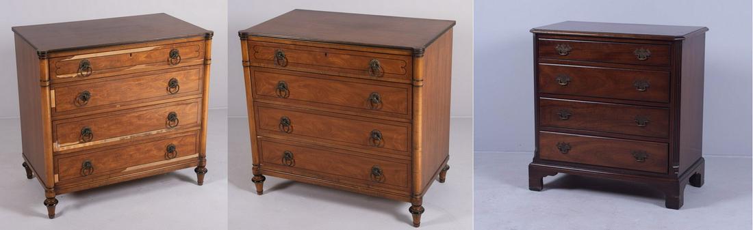 (3) Kittinger 4 drawer bureaus: (3) Kittinger 4 drawer bureaus, pr NE Sheraton Style turret corner bureaus, veneer damage to one, Georgain Style mahogany bachelors chest, all marked Kittinger Buffalo, 35" h x 36-3/4" w, damages to v