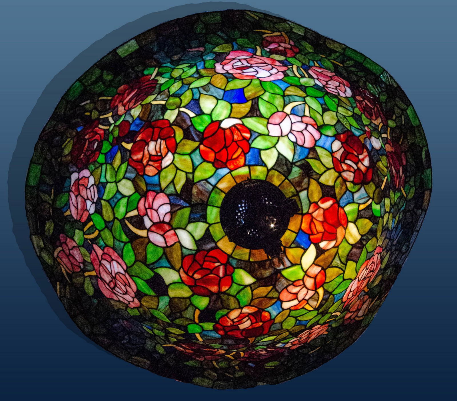 Large stained glass hanging light: Large stained glass hanging light, floral decoration, 38" diameter, some loose panels