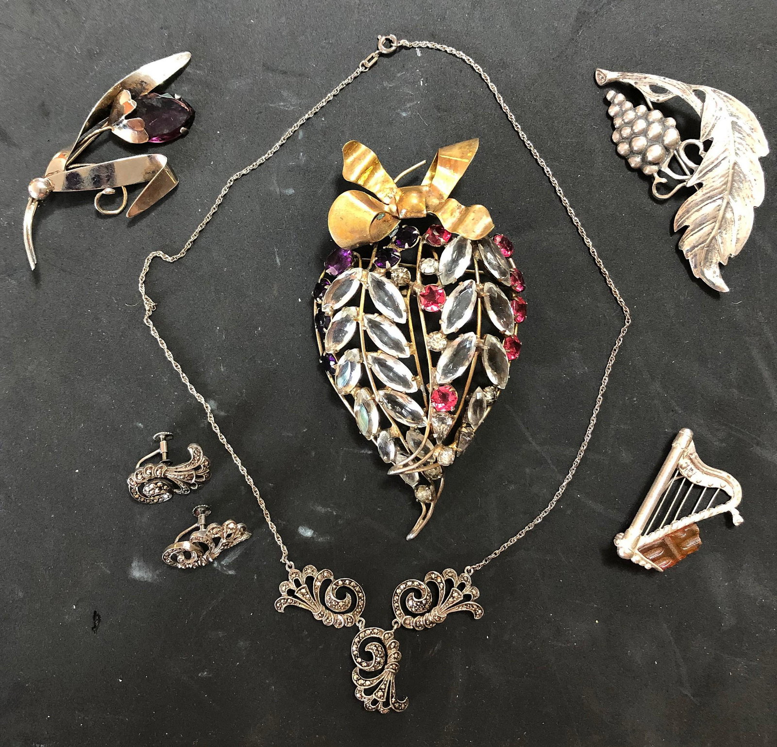 (4) Sterling Pins: (4) Sterling Pins, 3 Pc Set, Fredo Bloch pin w/stones, leaf, har, flower pins, 3 pc marcasite necklace earring set, 2.65 TO
