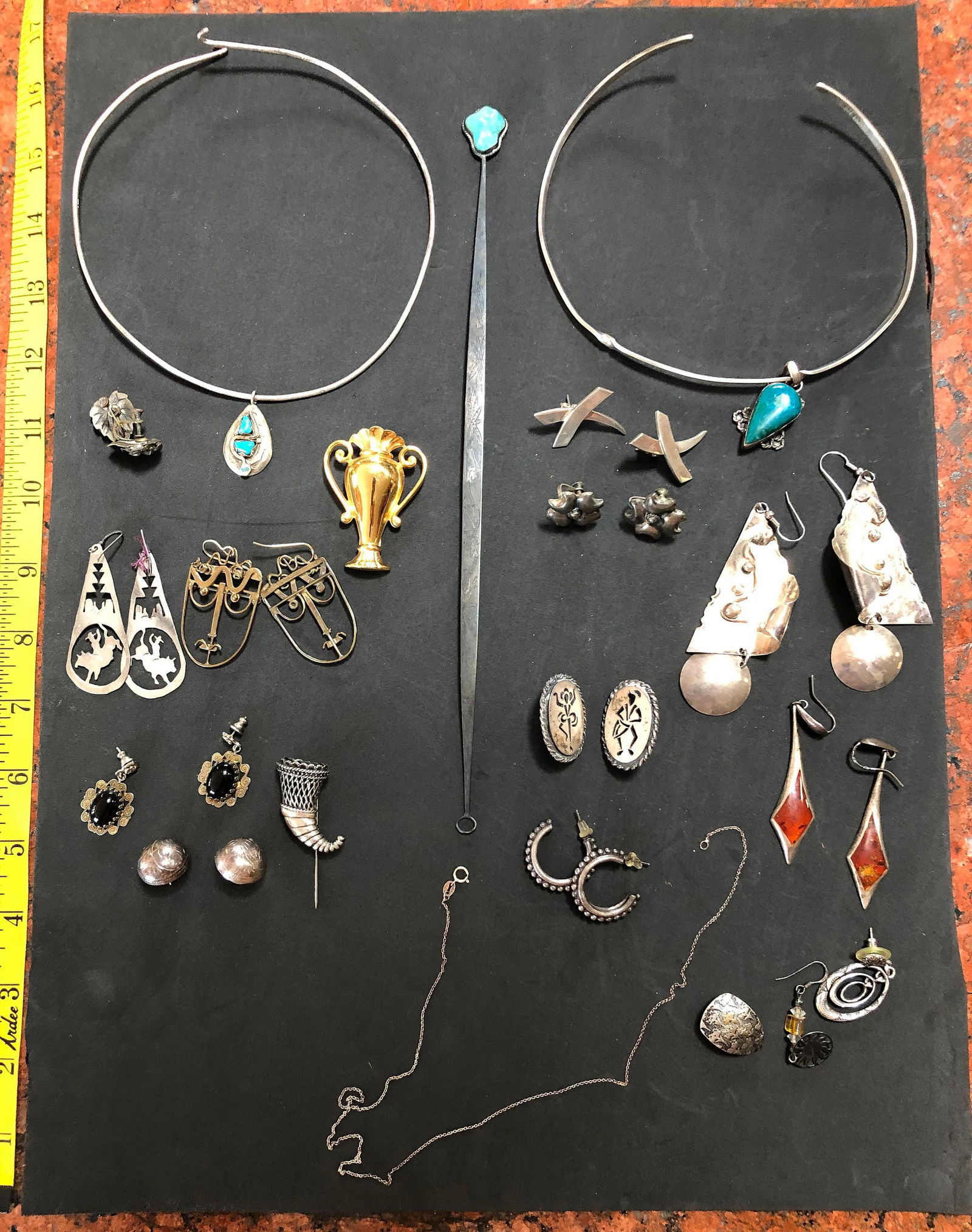 5 Pcs Sterling Jewelry: 5 Pcs Sterling Jewelry, 11 pr Sterling Earrings, Silver HK page turner w/turquoise, 2 wire chokers, w/pendants, 11 pr earrings, Monet clip, 6.30 TO gross wt