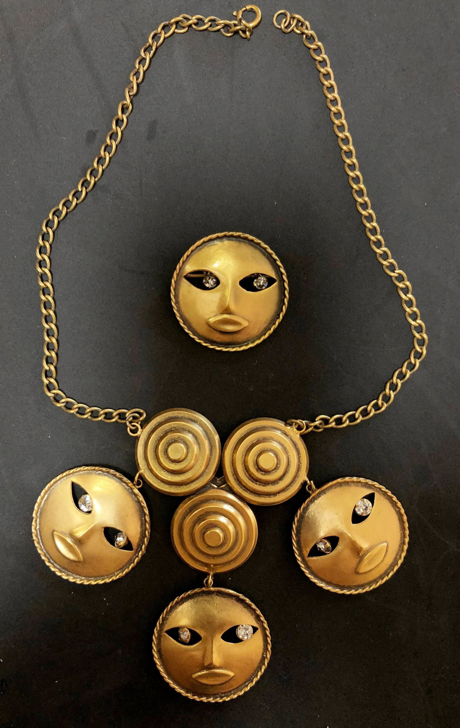 Joseff Hollywood Moonface Necklace, pin: Joseff Hollywood Moonface Necklace, 18" l, matching pin, 1 1/2" d
