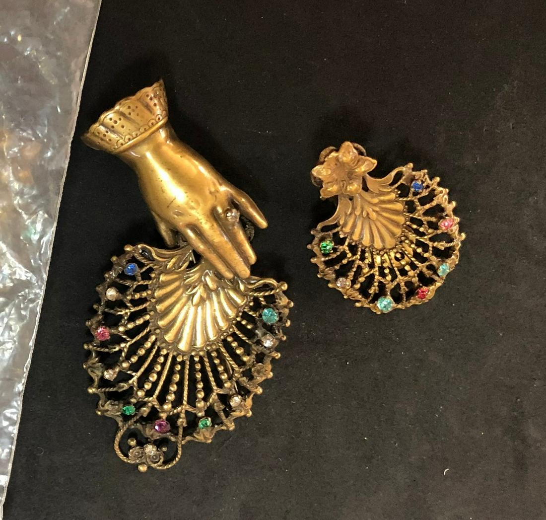 Joseff Hollywood Hand With Fan Pin/Earring Set, 2 3/4": Joseff Hollywood Hand With Fan Pin/Earring Set, 2 3/4" l, 1 3/8" h, A few stones missing in pin