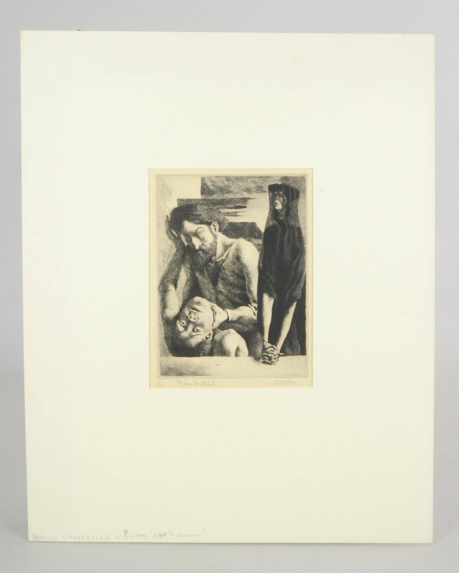 Federico Castellon Etching "Eve's Sorrow": Federico Castellon (Spanish-American, 1914-1971) etching "Eve's Sorrow", etching on paper, 1942, pencil signed "Castellon", edition 7/50, inscribed "to Jan MItchell", 8" x 5-3/4" plate, 10" x 7-3/4" s