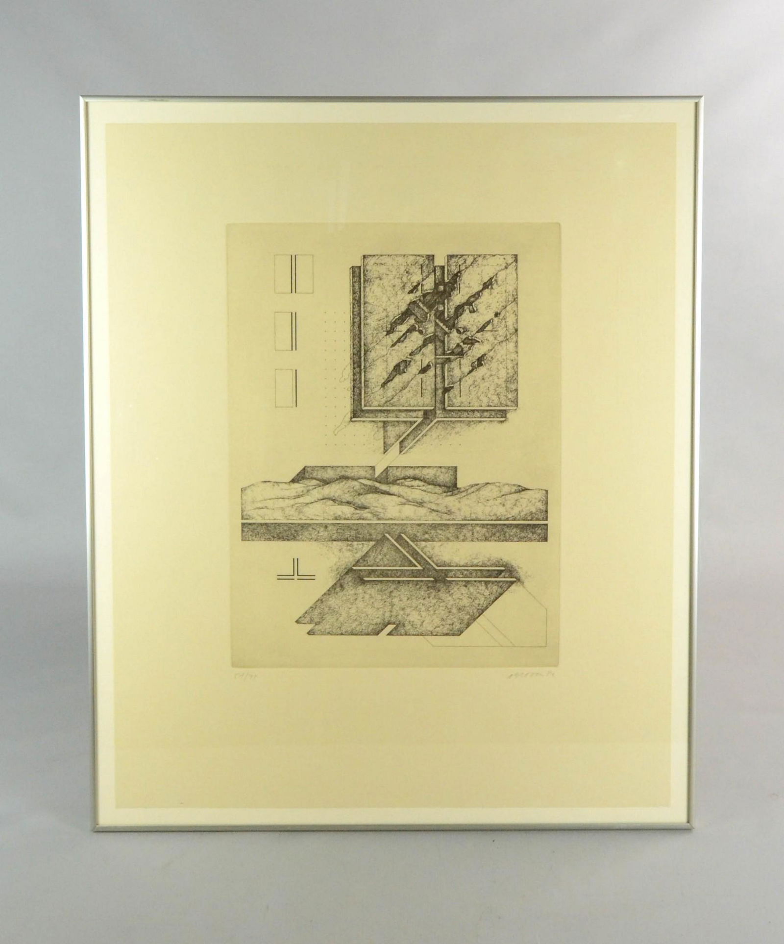 Raimund Abraham Abstract Etching: Raimund Abraham (Austrian, 1933-2010) abstract etching, etching and aquatint on paper, signed "Abraham '82", 20" x 14-3/4" plate, framed 33-1/4" x 27-3/4", very good condition