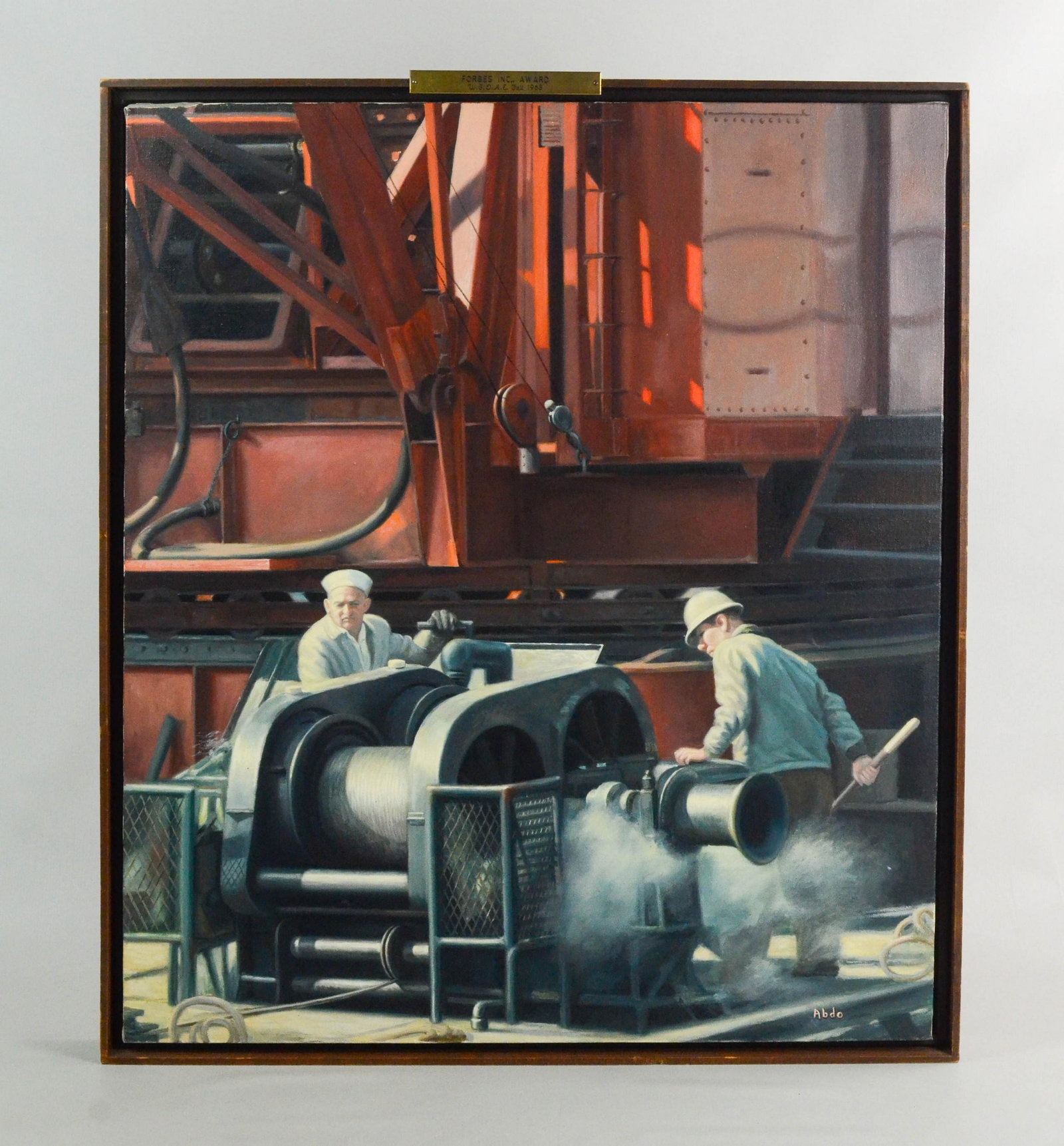 1968 Painting of an Industrial Scene: 1968 Painting of an Industrial scene, signed "Abdo", oil on canvas, brass plaque for the Forbes Inc. Award at the 1968 Washington Square Outdoor Art Exhibit, oil on canvas, 30" x 26", framed 31-1/2" x