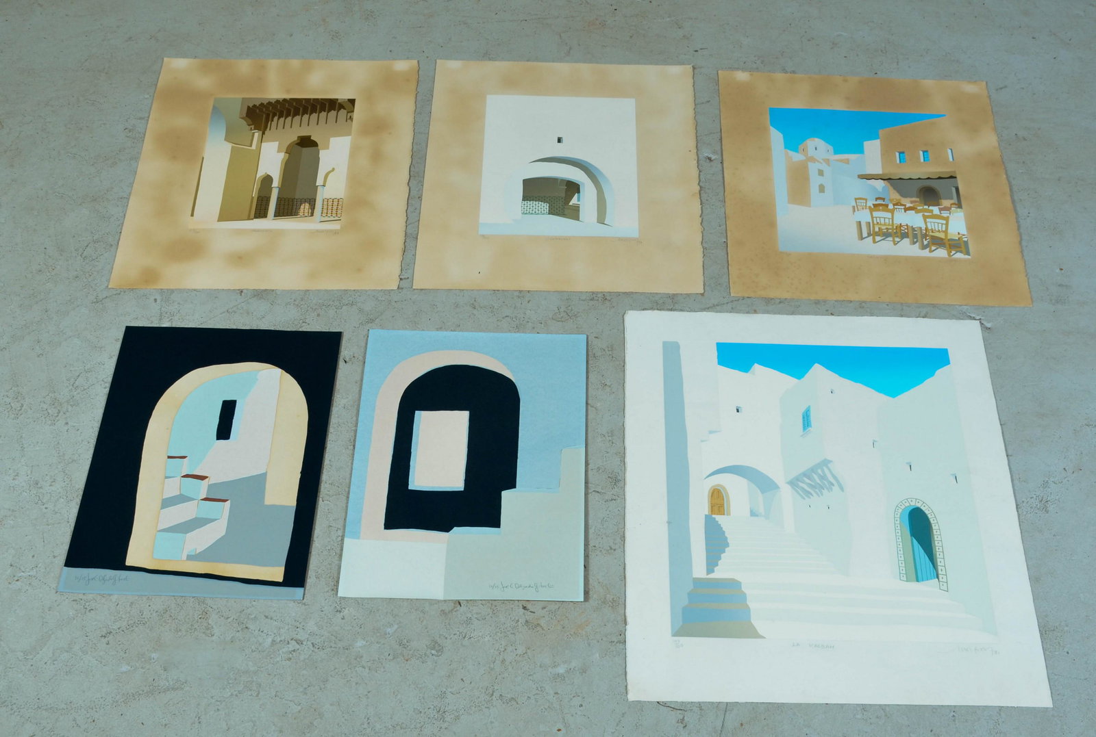 (6) Moroccan Prints: (6) Moroccan prints to include pr arched doorway prints signed Jose c. Delgado (?), 18"x13" and (4) Moroccan city scenes signed illegibly, all signed titled and numbered by artist, largest 26-1/4"x21-
