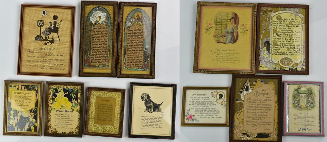 (11) Art Deco Prints with Passages: (11) Art Deco prints with passages to include Cecil Aldin dog image with the writing of Edgar A. Guest, gilt printed passage, "Taint" , Volland Co. Isa L. Wright passage with flower and bird surround,