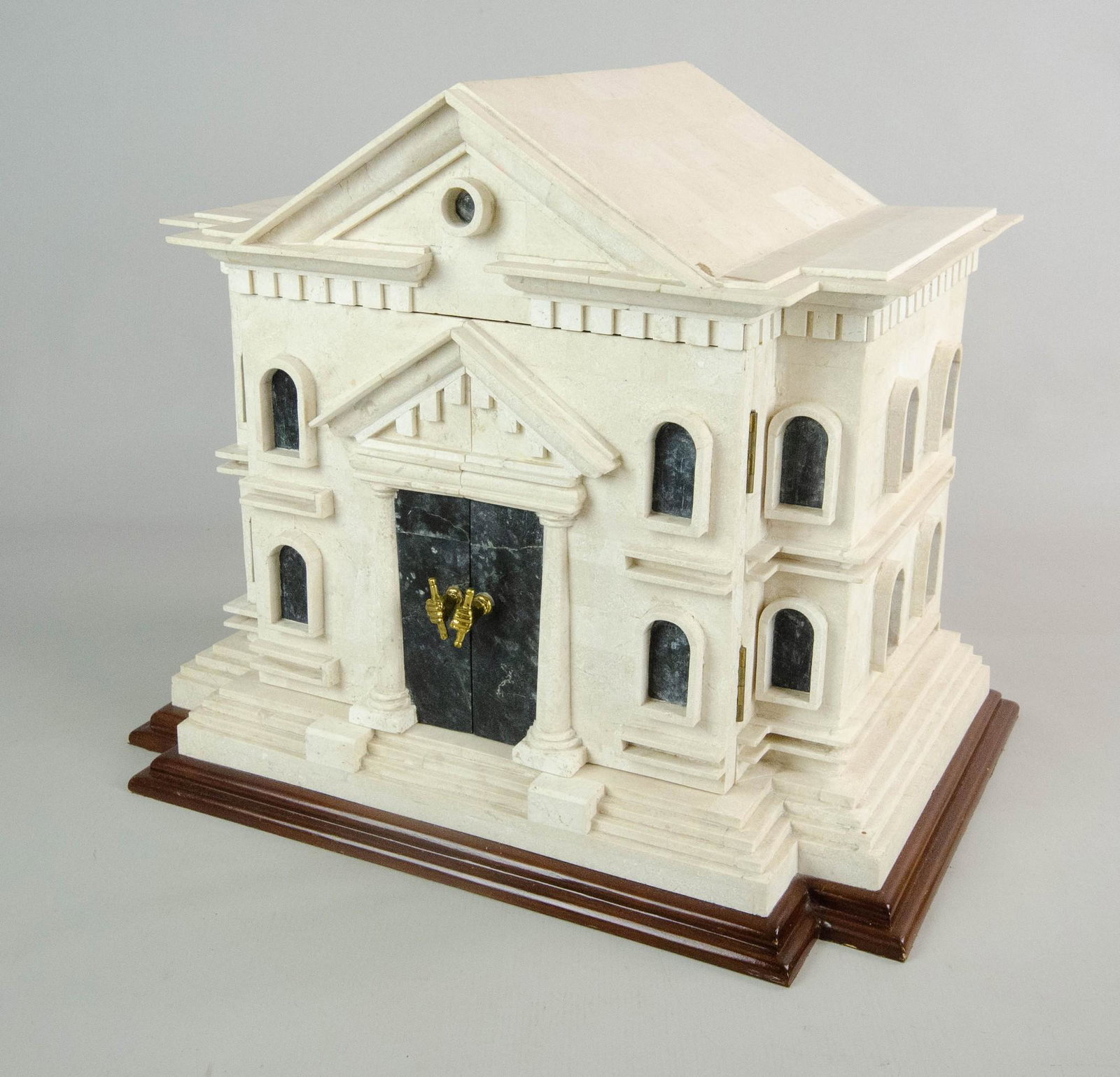 Maitland Smith Colonial House Box: Maitland Smith architectural faux stone Colonial house form storage box, double doors on front, hand holding baton knobs, 18" x 12-1/2" x 15" h