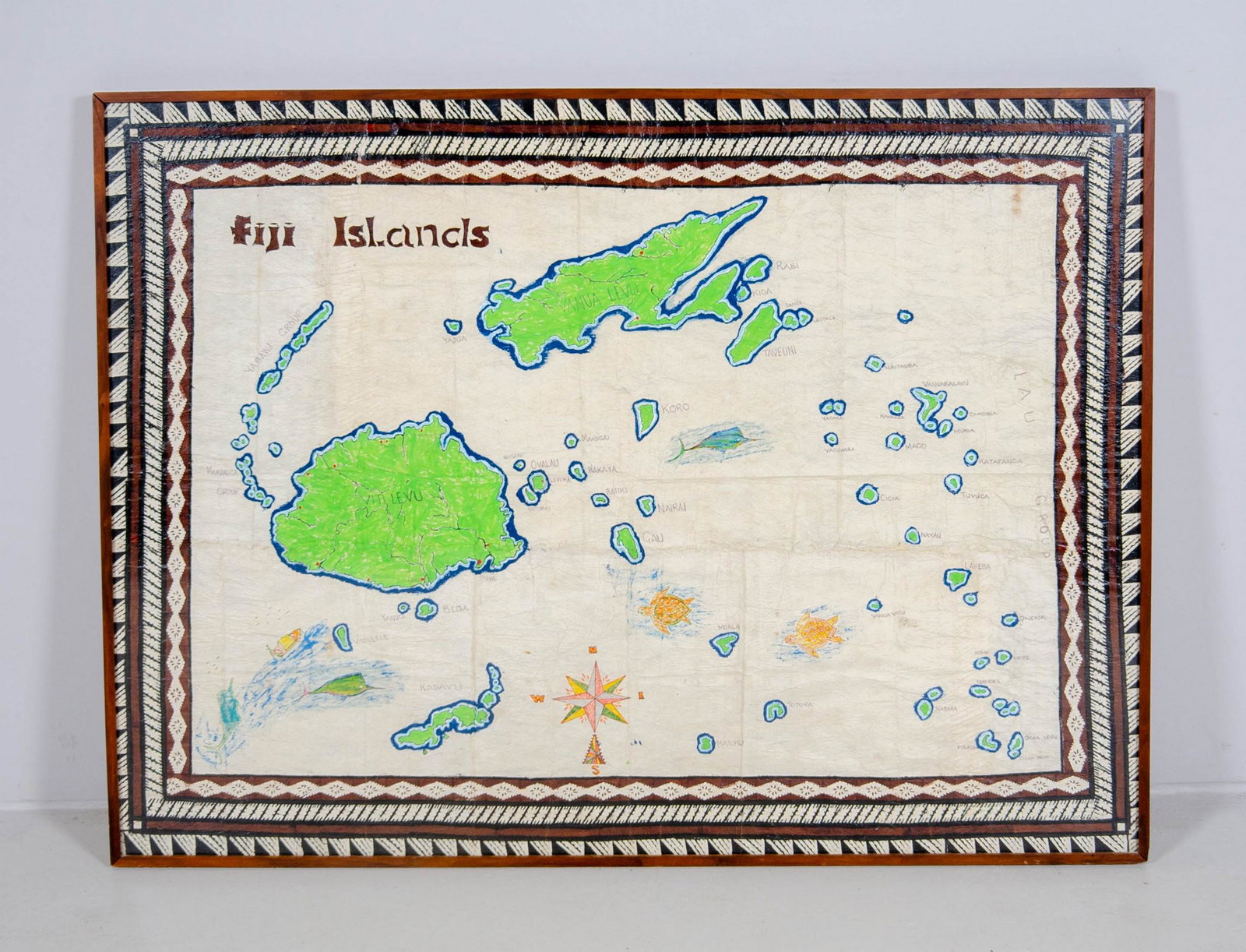 Hand Painted Tapa Masi Map of Fiji Islands: Large 37 x 50 inch framed and mounted in teak, kea paint and ink on tapa barkcloth, hand painted Tapa Masi Map of Fiji Islands