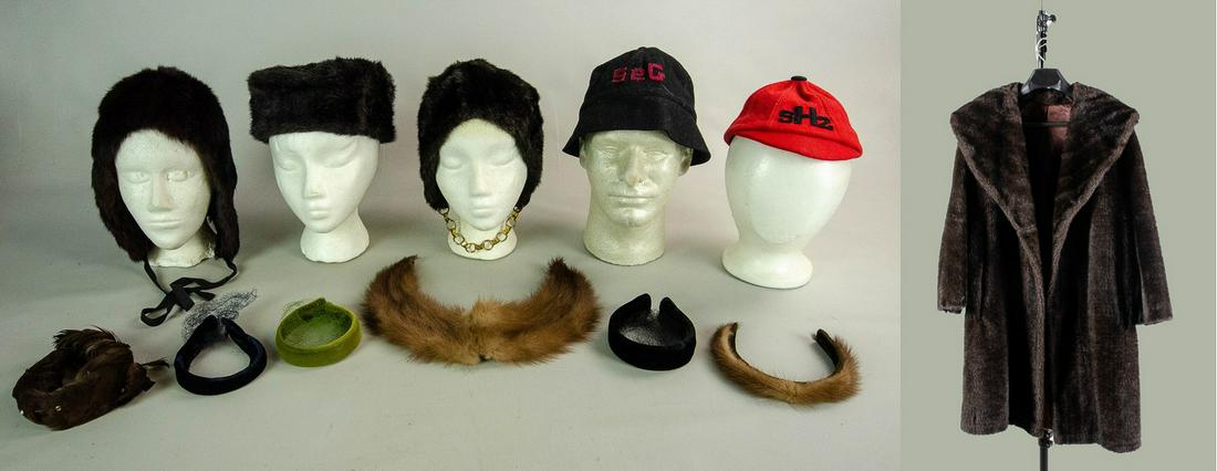 Wool, Fur and Faux Hat and Coat Group: Wool, fur and faux hat and coat group to include early 20th c. short bill cap, similarly designed wool bucket hat, soft chestnut mink cap with tie at neck, (2) faux mink caps, mink collar and headband