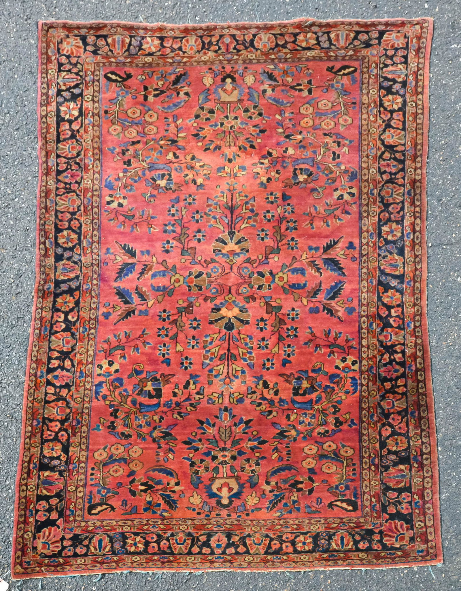 4'4" X 6'8" Antique Persian Sarouk Rug: 4'4"X 6'8" Antique Persian, handmade sarouk, wear consistent with age, moth damage.
