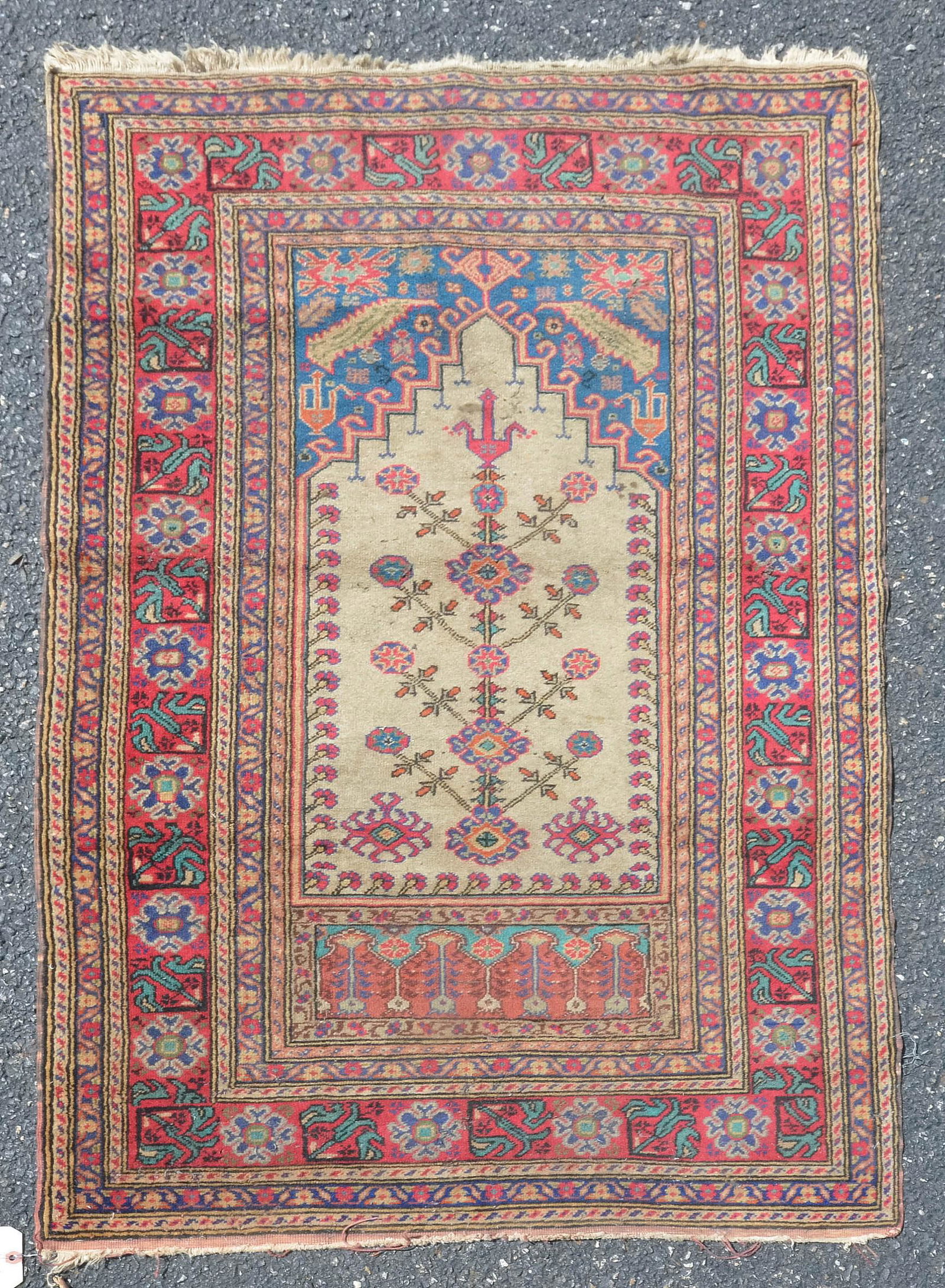 2'10" x 4'5" Antique Turkish Prayer Rug: 2'10" x 4'5" Antique Turkish Prayer Rug, moths, stains