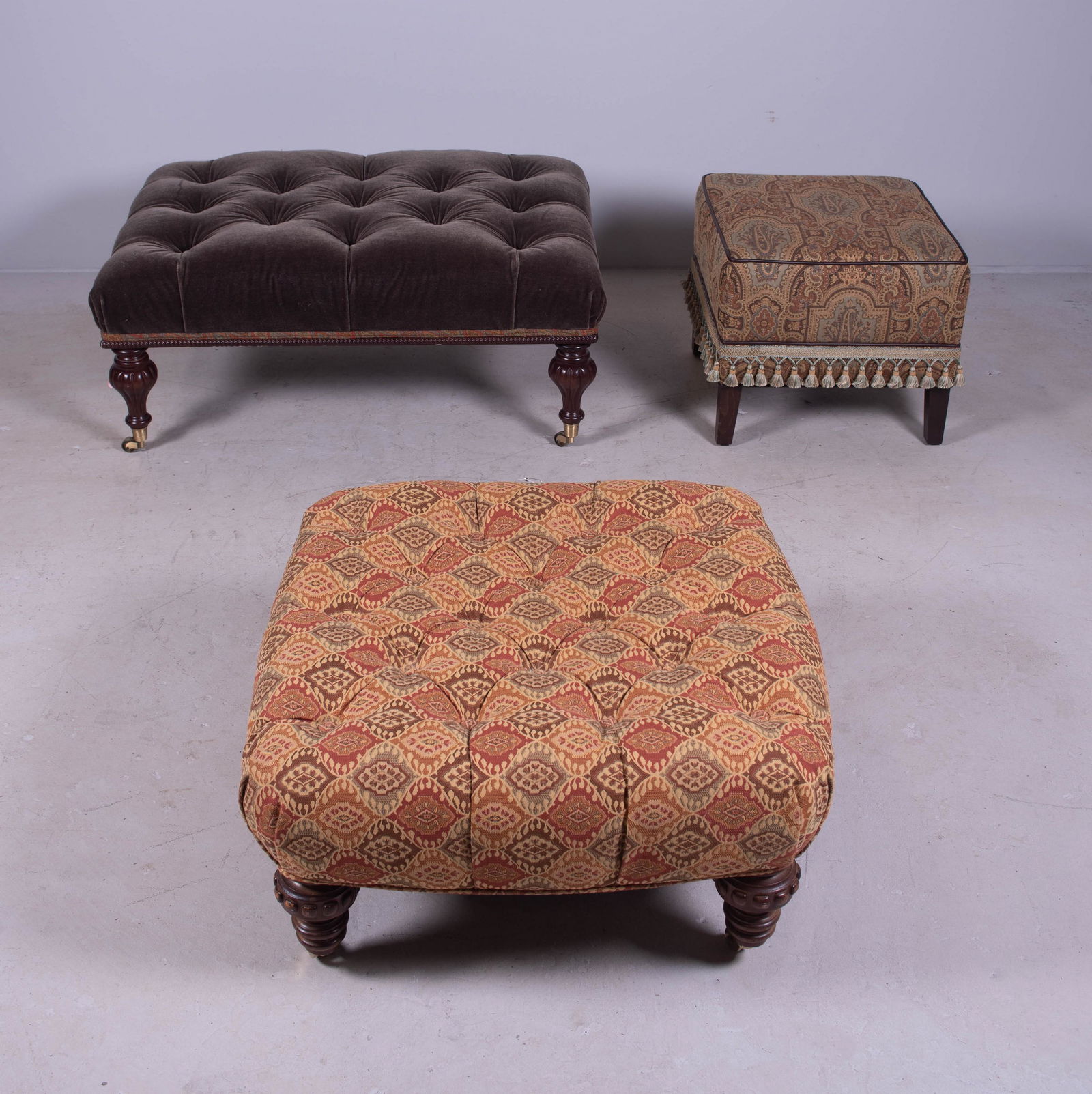 (3) Decorative tufted upholstered ottomans: (3) Decorative tufted upholstered ottomans, grey upholstered cushion ottoman marked Calico Corners, Damask upholstered marked Ethan Allen, largest 16-1/2" h x 39" w