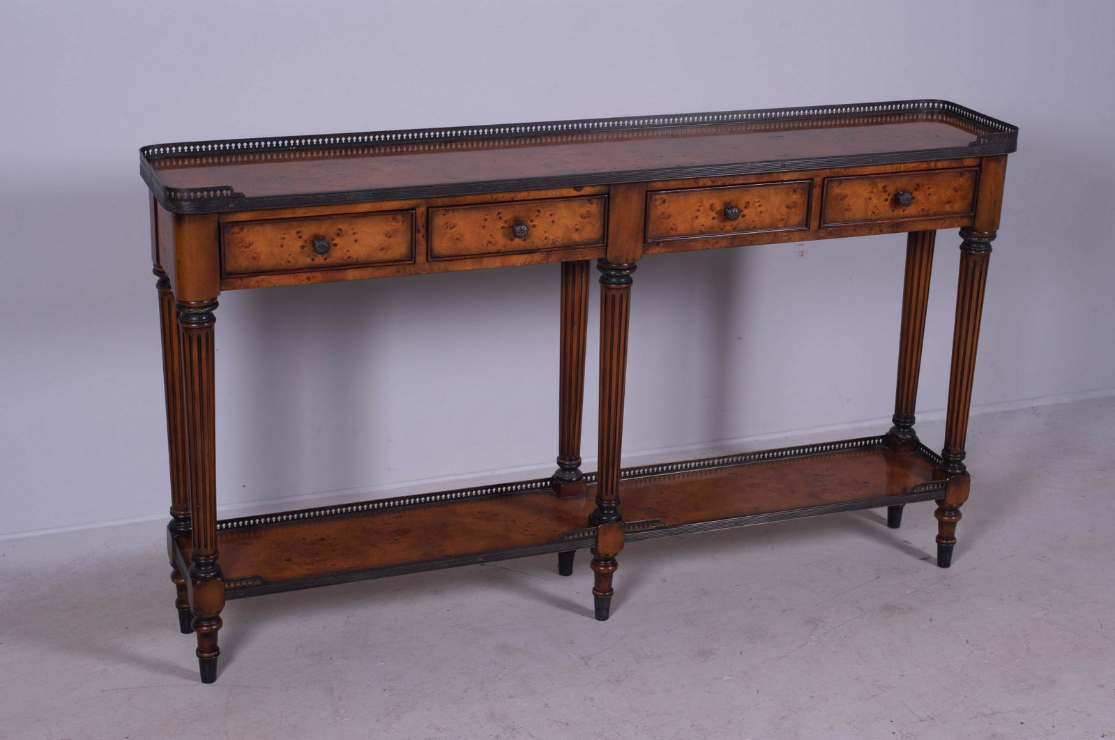 Theodore Alexander burl walnut console table: Theodore Alexander burl walnut console table, 4 drawers with lower shelf, 33" h x 58" w