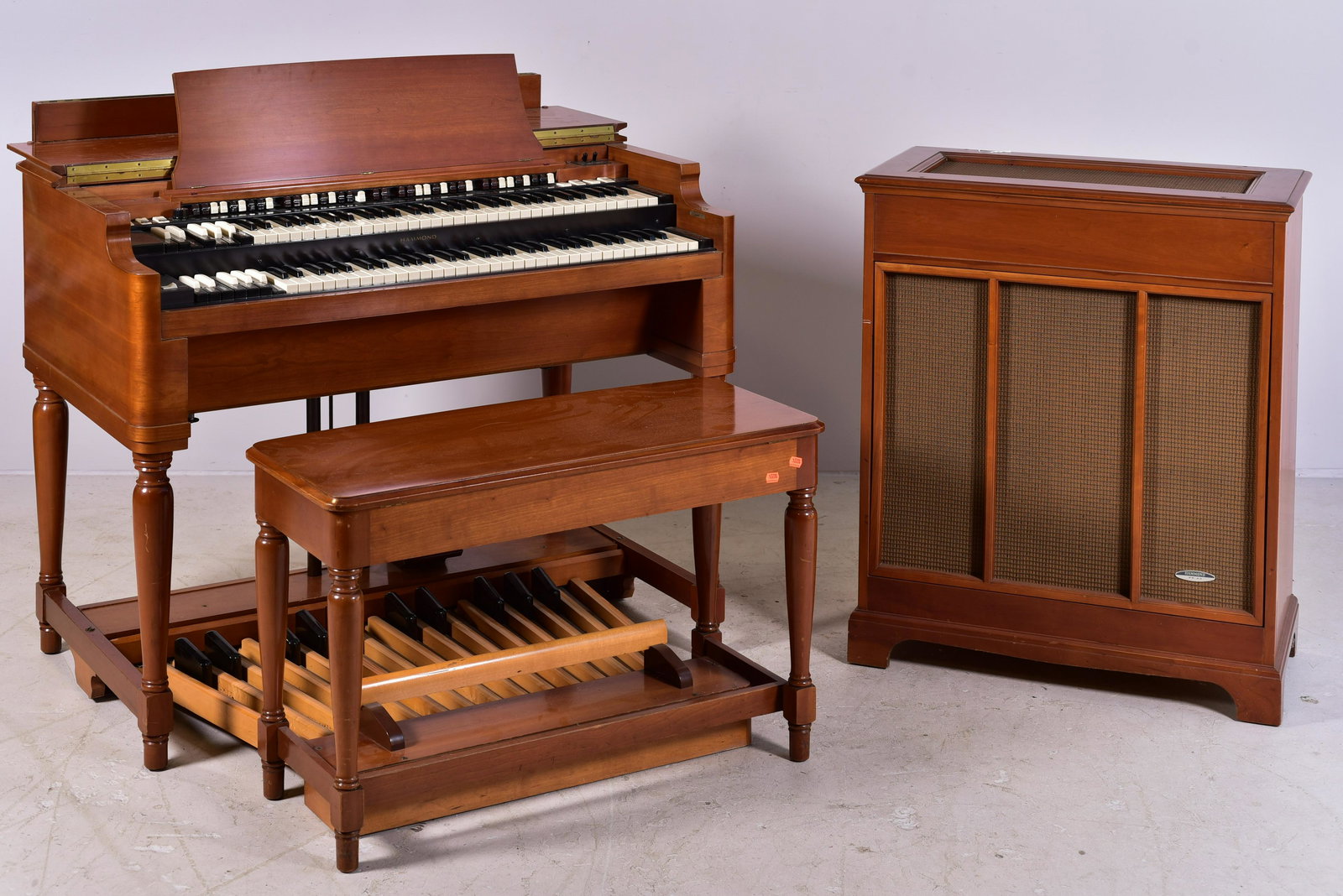 Hammond B3 Organ, PR-40 Tone Cabinet, c 1963: Hammond B3 Organ, w/Bench, SN 88216, c 1963, cherry case, w/Trek TS-2 tremolo switch, 38" h x 48" w, along with Hammond PR-40 Tone Cabinet, SN 134284