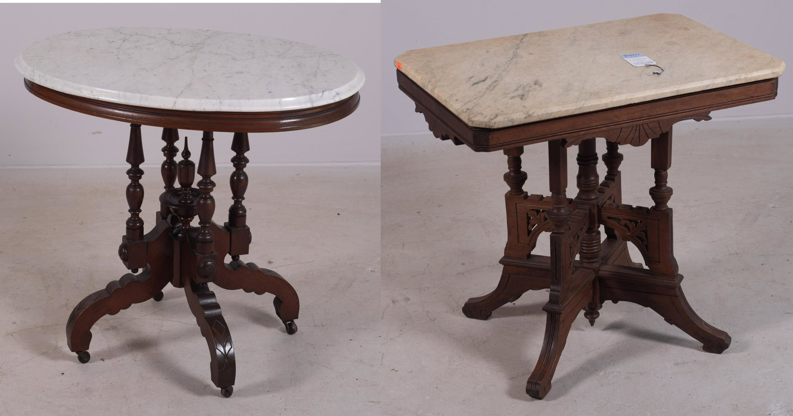 (2) Victorian marbletop center tables: (2) Victorian marbletop center tables, 28-1/2" h x 30-1/4" w, oval table with repaired marble