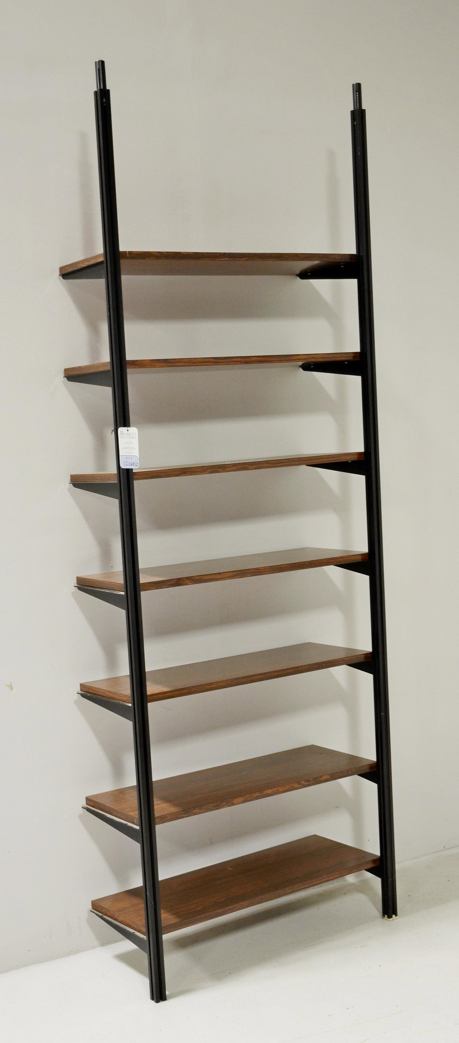 Modern Design adjustable wall unit: Modern Design adjustable wall unit, ebonized with rosewood veneered shelves, approximately 96" h x 32-1/2" w