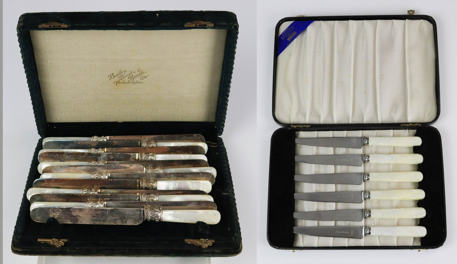 (2) Cased Sets of Knives: (2) Cased sets of faux pearl handled knives, c/o (12) dinner knives with sterling silver ferrules by Bailey Banks & Biddle in velvet case, (6) Viners of Sheffield steak knives