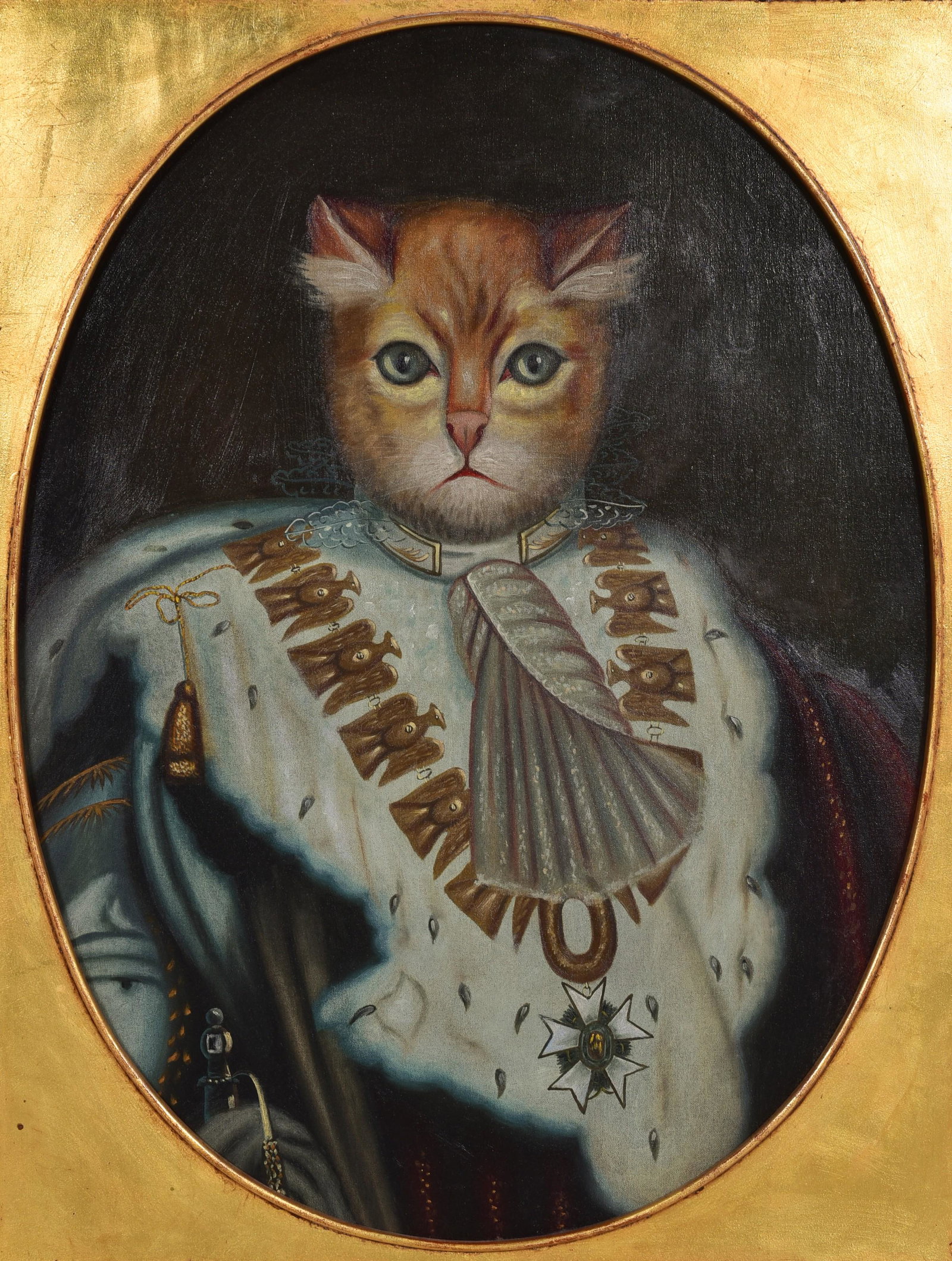 Maitland Smith Painting "Imperial Cat": Maitland Smith painting "Imperial Cat", oil on board, unsigned, 33" x 24-3/4" sght, framed 39" x 31", very good condition