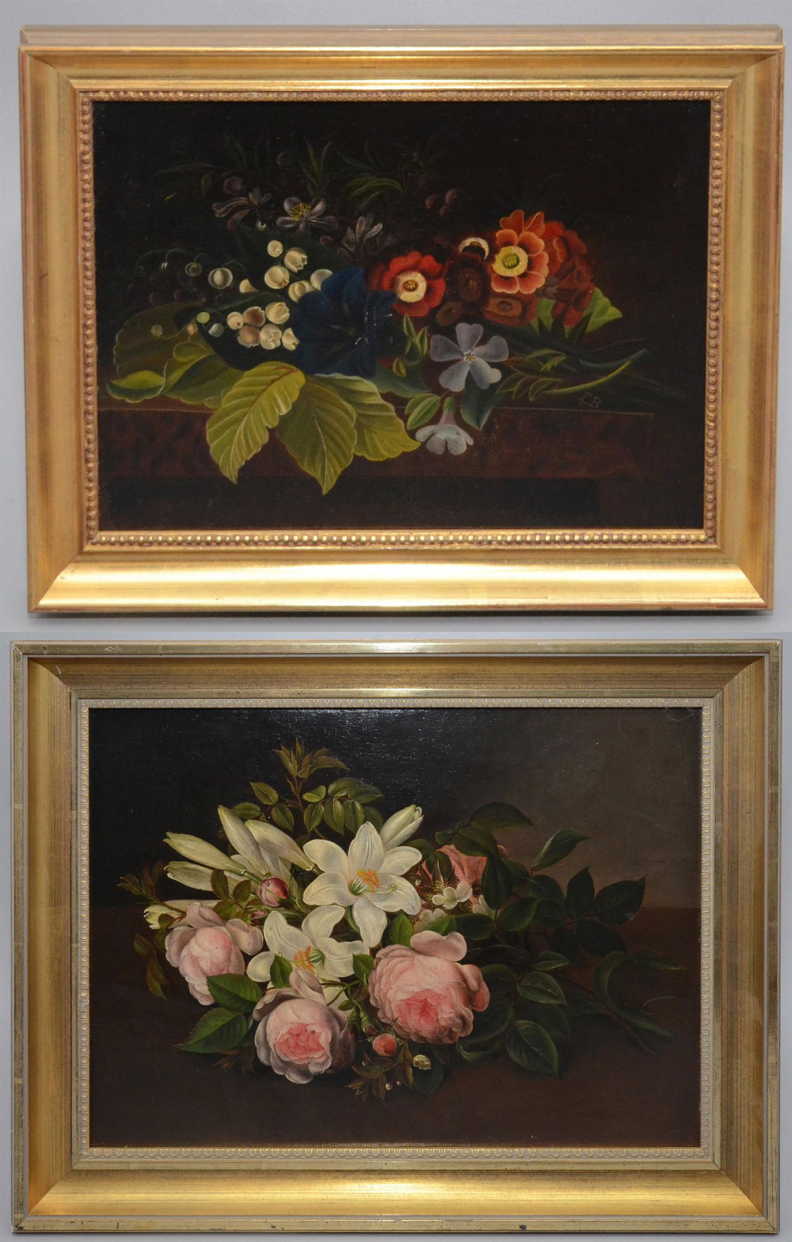 (2) 19th C Still Life Oil Paintings: (2) 19th C still life oil paintings, oil on canvas mounted on board, unsigned, 13" x 17-3/4" and 8" x 10-3/4", largest framed size 16" x 20-3/4", good condition