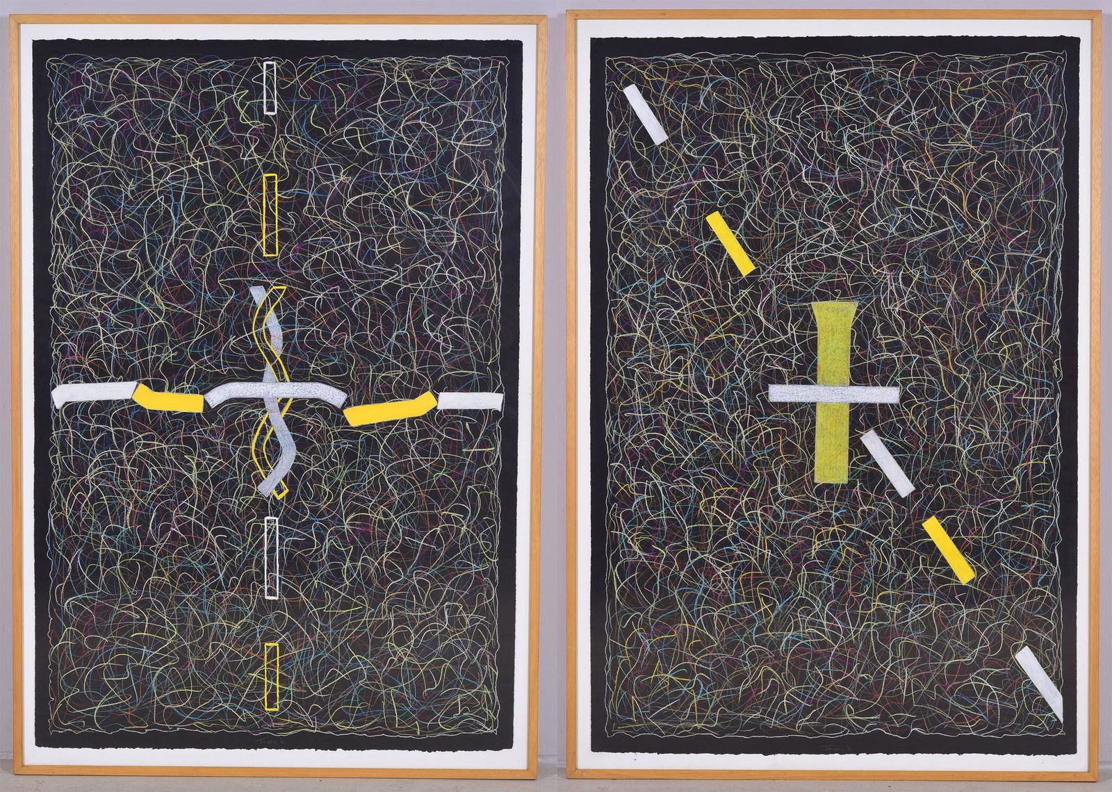 Philip Tsiaras (2) Abstract Expressionist Paintings: Philip Tsiaras (American, b 1952), (2) Abstract Expressionist paintings, mixed media on black paper, signed "Tsiaras '81", 44" x 30" sheet, framed size 47-1/2" x 33, very good condition