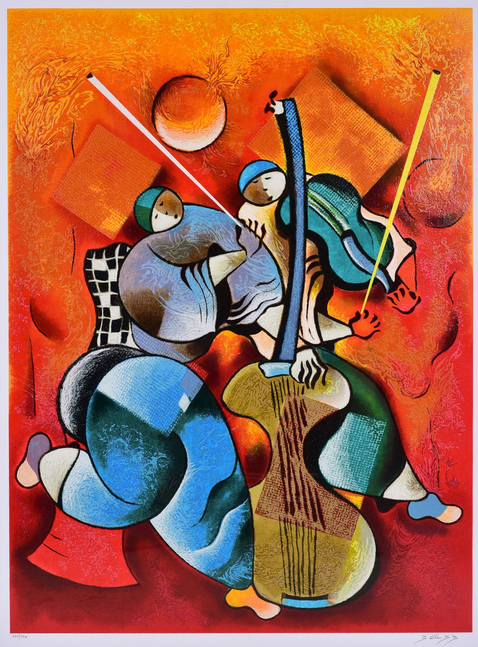 David Schluss Lithograph "Crimson Sunset": David Schluss (Israeli, b 1943) lithograph "Crimson Sunset", lithograph on paper, pencil signed "Schluss", edition 224/350, measures 37-1/2" x 27-3/4" image, framed 52-1/2" x 43", very good condition