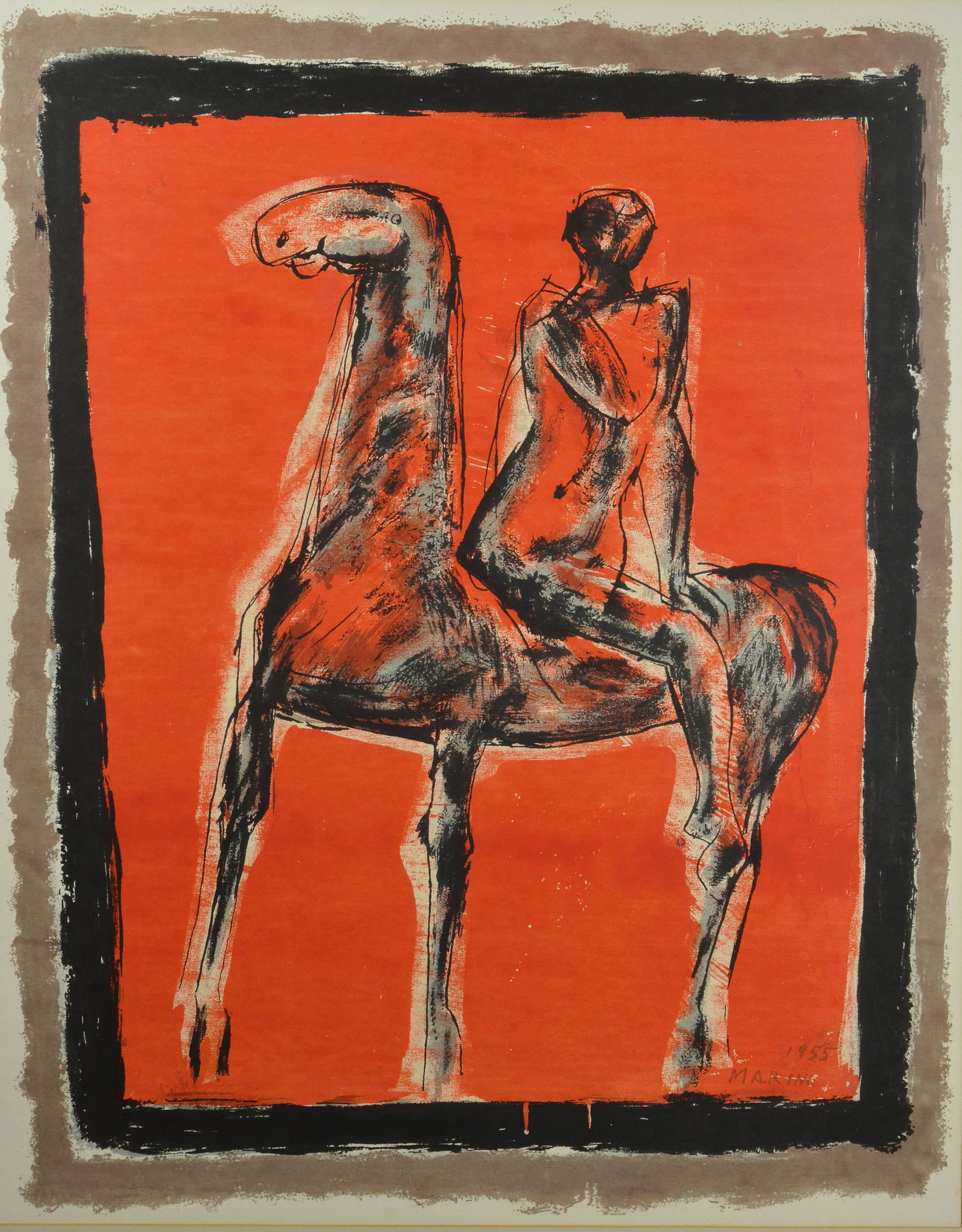 Marino Marini Lithograph "La Cavalier": Marino Marini (Italian, 1901-1980) lithograph "Le Cavalier", lithograph in colors on paper, signed in plate "Marino 1955", 24" x 19" image, framed size 32-1/2" x 27", good condition, not examined out 