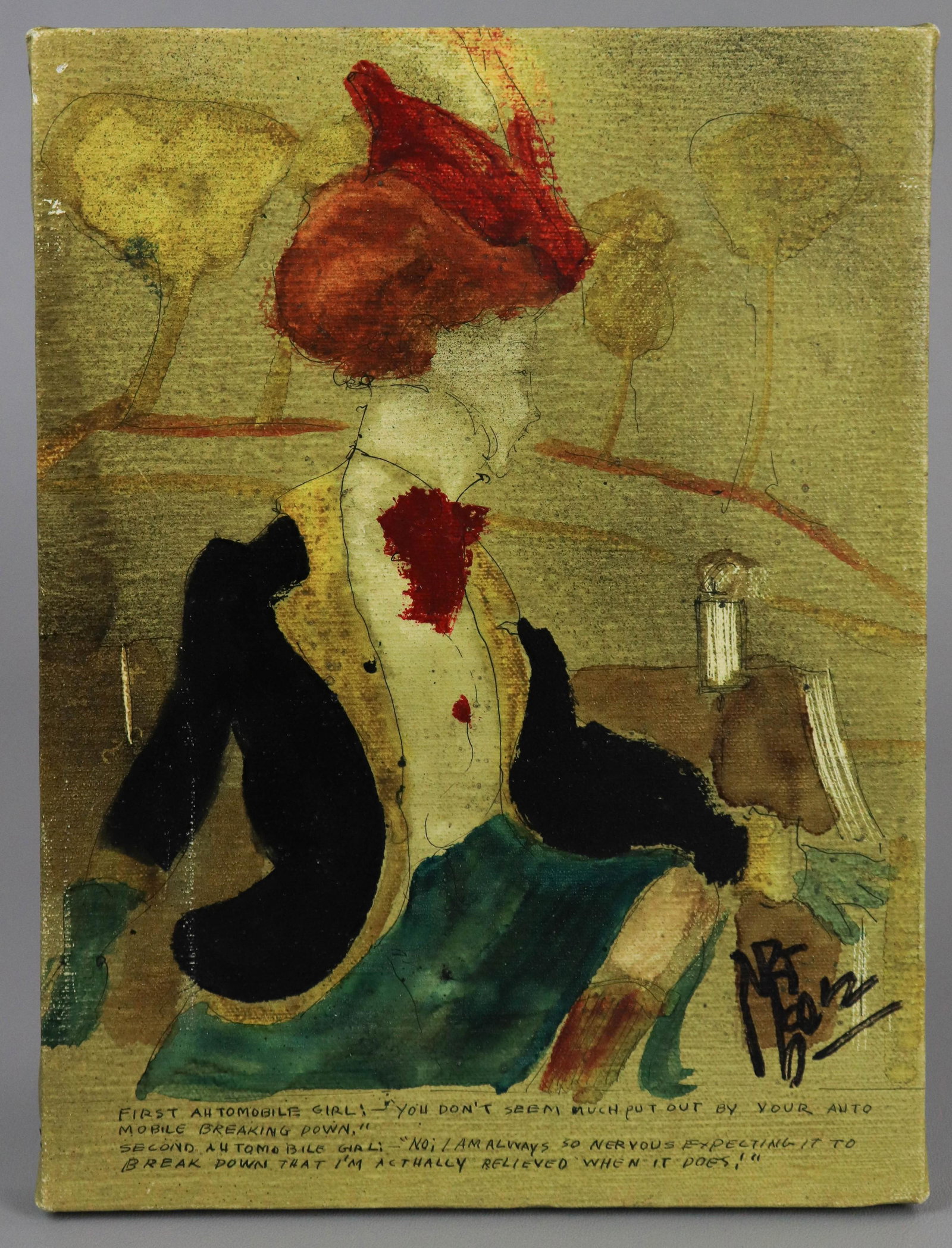 Yves Leduc Automobile Girl Painting: Yves Leduc (20th century), oil on canvas, woman in hat driving car, "First Automobile Girl: you don't seem much put out by your auto mobile breaking down. Second Automobile Girl: No, I am always so ne