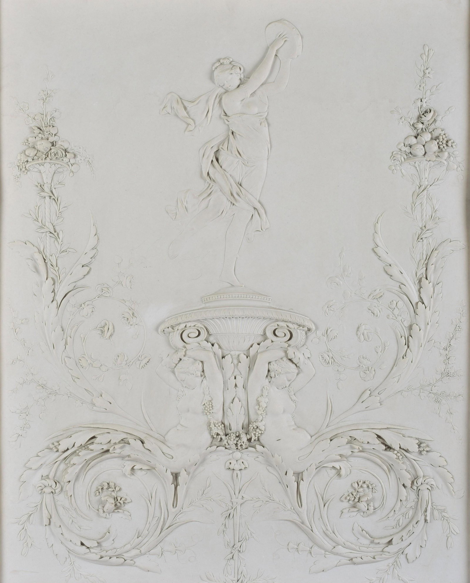 1889 Exposition Universelle Plaque: 1889 Exposition Universelle Paris cast stone plaque, dancer with tambourine on urn with female nude base, inset bronze medallion on reverse inscribed "Exposition Universelle - 1889", in gilt gesso fra