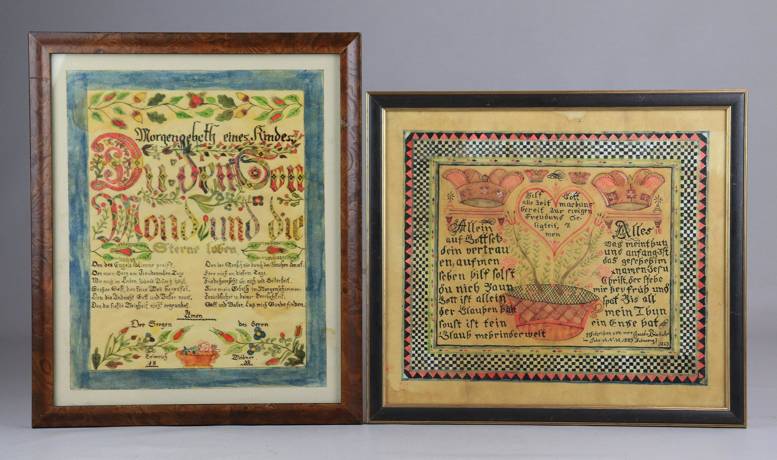 (2) Watercolor Frakturs: (2) Watercolor frakturs to include (1) checkered bordered crown, tree and religious text signed Jacob Bicksler, 14-3/4"x13-1/2" and reproduction watercolor painted child's mourning prayer for Heinrich