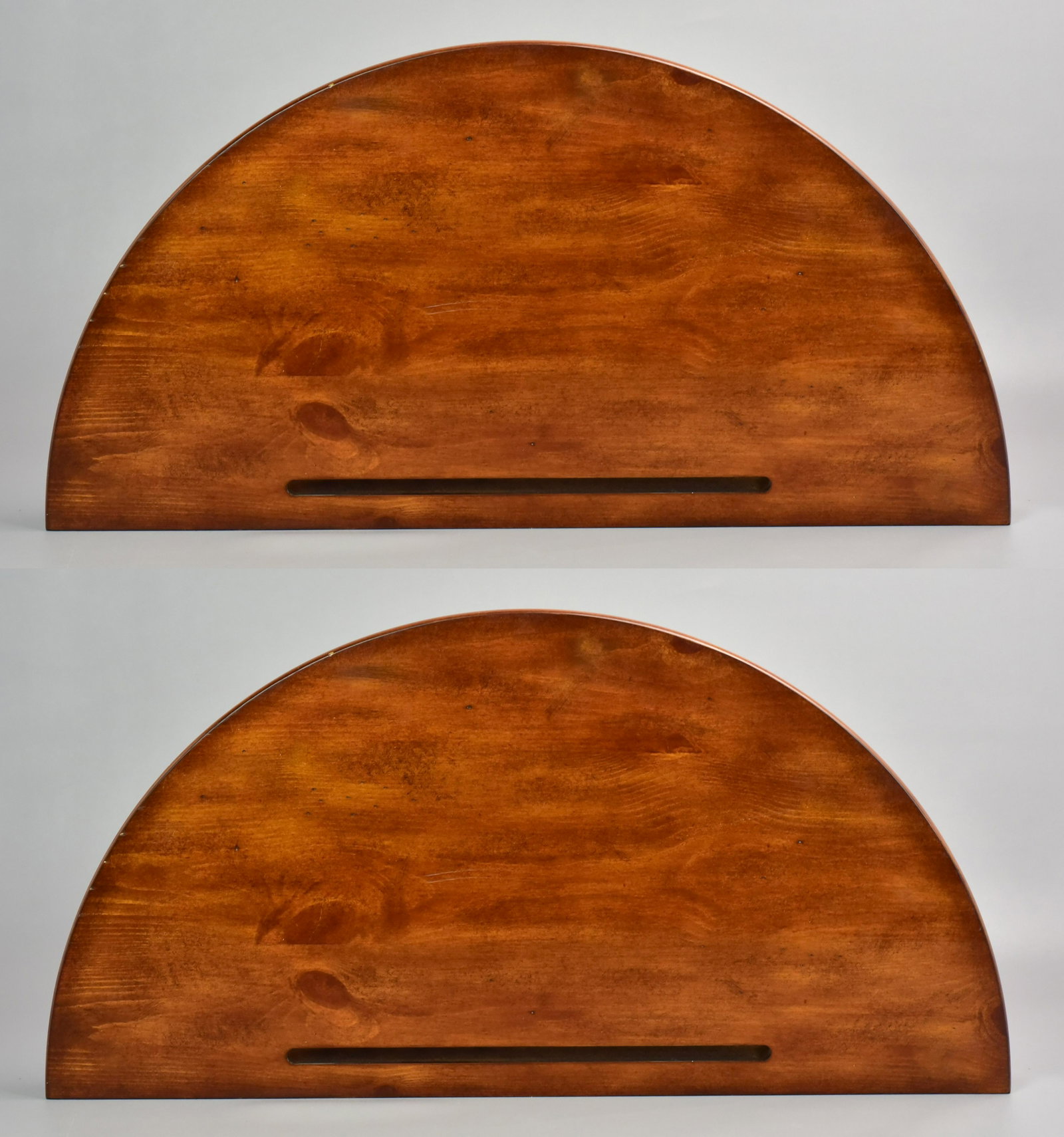 Pair of Demilune Wall Shelves: Pair of wood demilune wall shelves, plate rack slit in back, 28" w x 14" d x 14" h