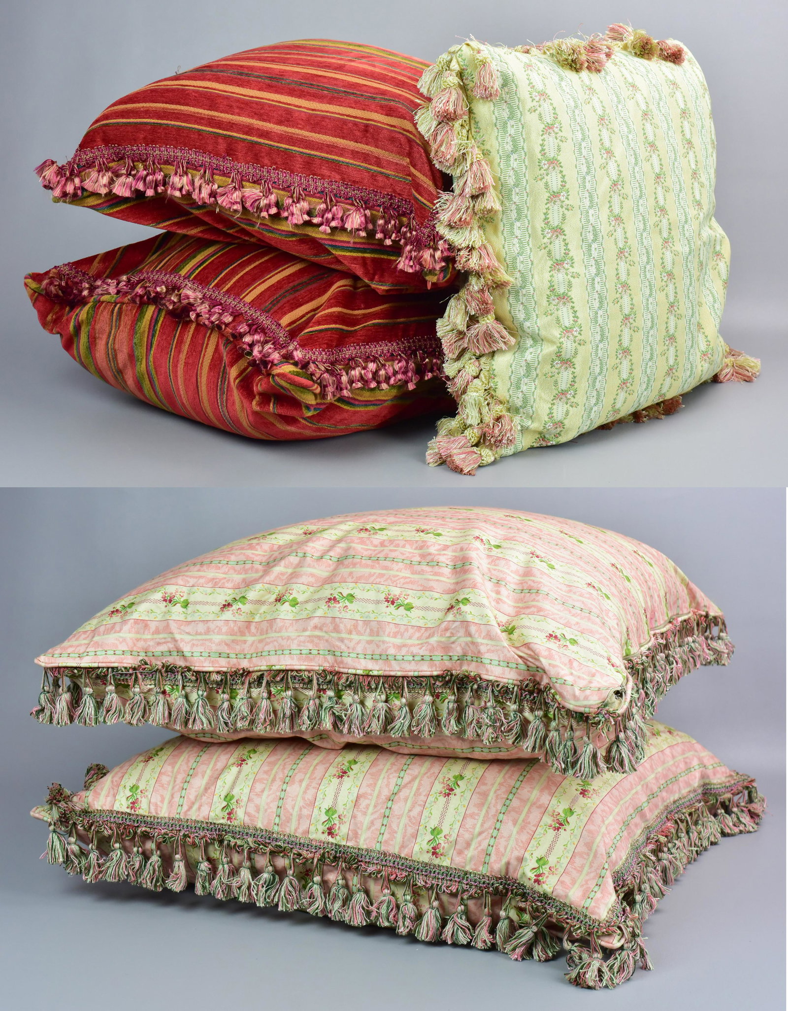 (5) Custom Throw Pillows: (5) Custom throw pillows to include pair striped floral 19th c. style oversized pillows in pink and green with full tassel surround, 26" square, (1) jacquard pillow in similar pattern with reverse col