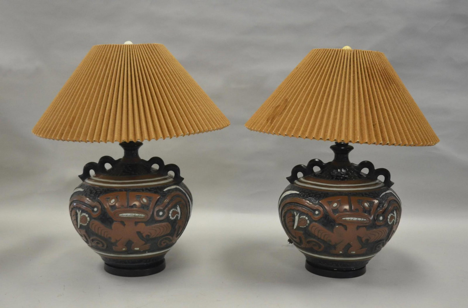 Pr Art Pottery Table Lamps: Pr art pottery table lamps, Mexican style vase form, burlap shades, celluloid finials, 29" h
