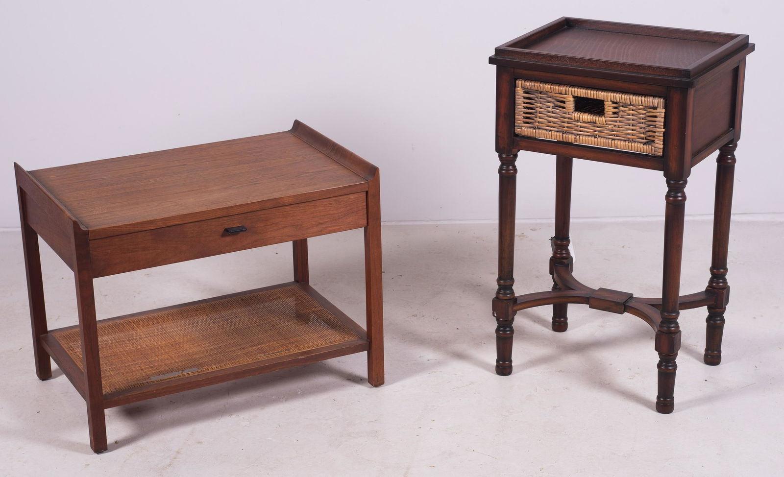 Walnut Modern Design End Table: Walnut Modern Design End Table, 26" x 17", w/a 1 drawer end table with woven drawer, 17" w