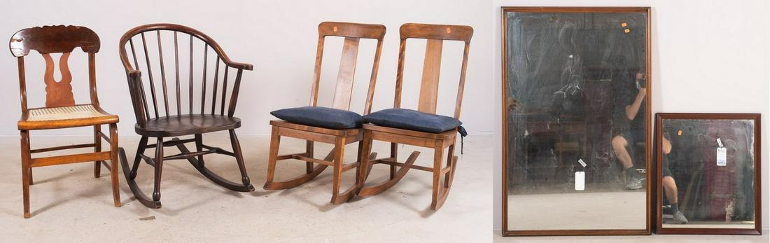 (4) Chairs & (2) Wall Mirrors: (2) rectangular wall mirrors, 34" x 52" & 27-3/4" x 24", & (4) Chairs, c/o (2) walnut finished caned seat rockers, caned seat Empire side chair, continuous arm Windsor style rocker
