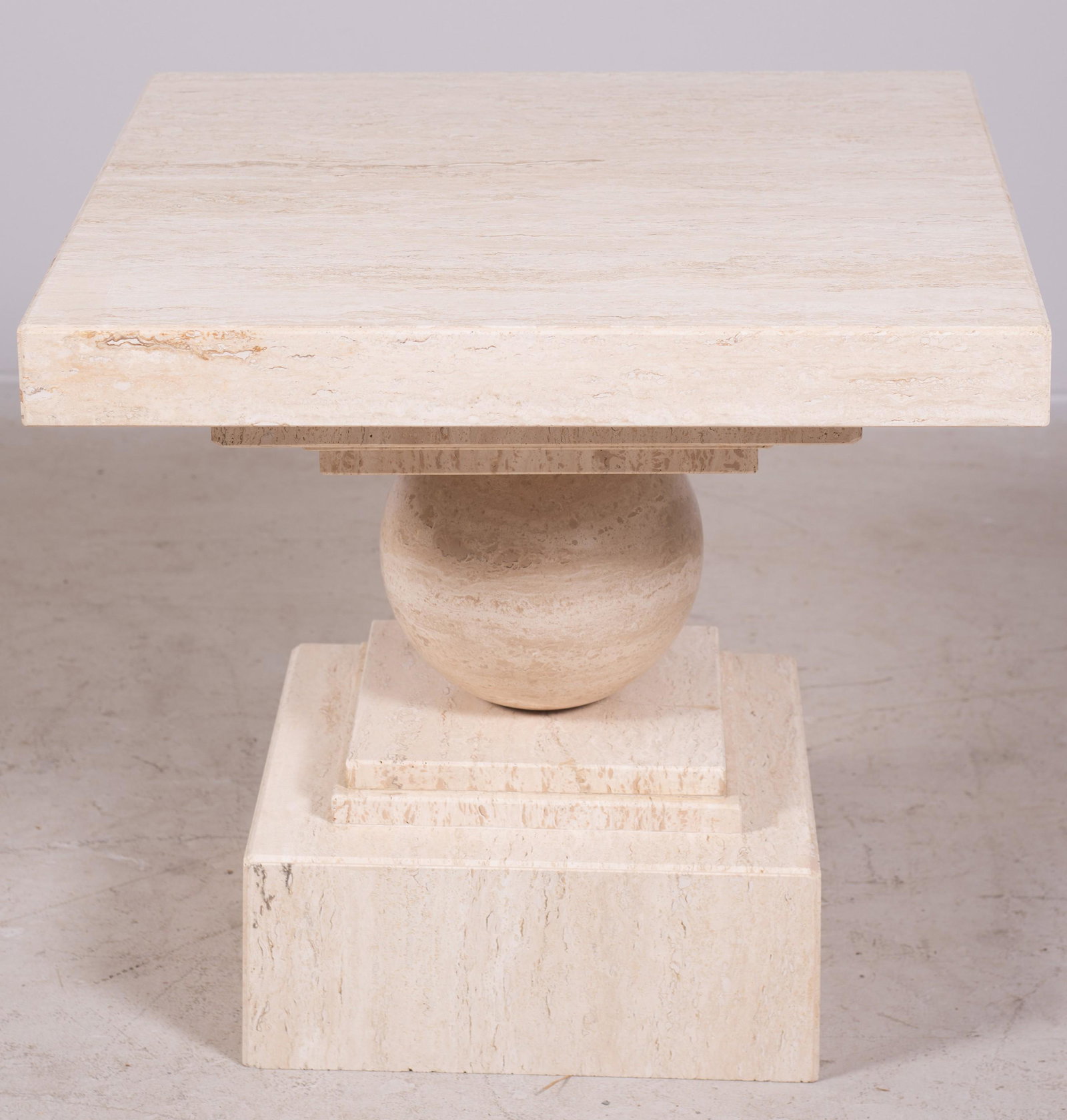 Deco style faux travertine marble side table: Deco style faux travertine marble side table, 22-1/2" h x 24"square