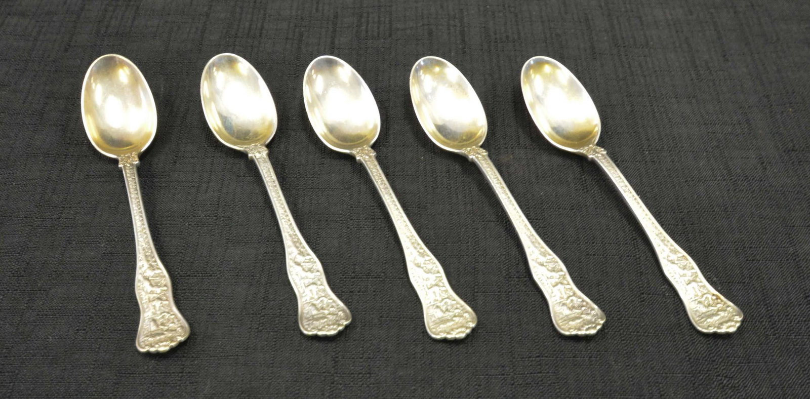 (5) Tiffany and Co. 'Olympia' Demitasse Spoons: (5) Tiffany and Co. 'Olympia' demitasse spoons, monogram at handle underside, 4-3/4" L , M Tiffany & Co. mark. , 3.6 T.O