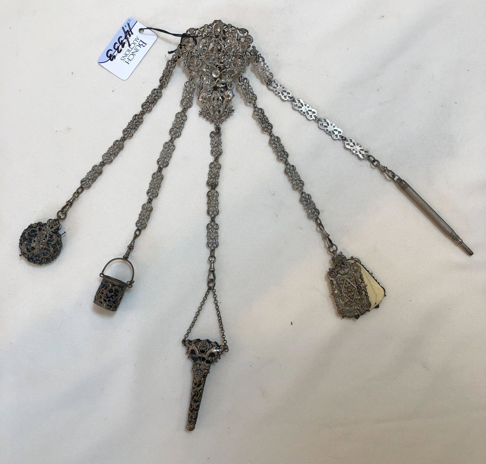 Silver Plate 5-Chain Seamstress Chatelaine: Silver Plate 5-Chain Seamstress Chatelaine, 14" h, 2 3/4" w
