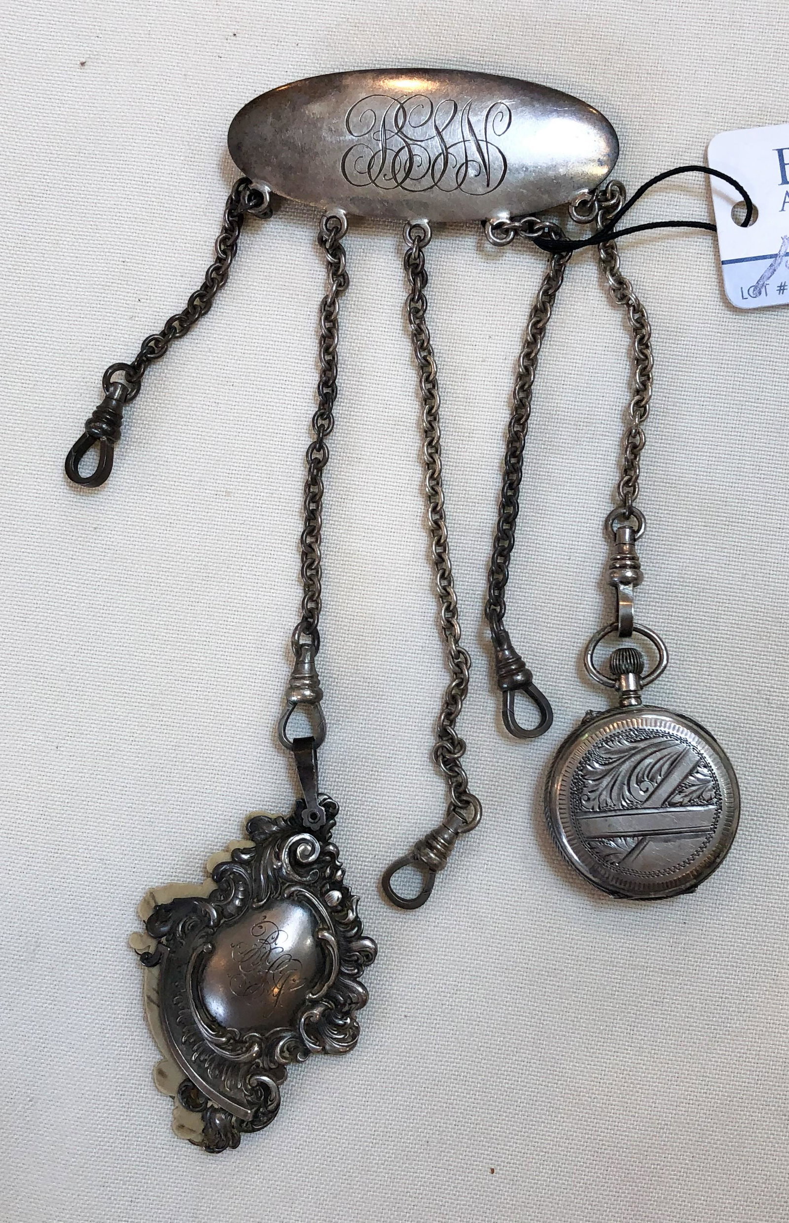 Hamilton & Diesenger Sterling Chatelaine: Hamilton & Diesenger Sterling Chatelaine, 5 chains, one w/folding dance card, one w/800 silver ladies pendant watch, wound tight, 7 1/2" h, 2 3/4" w