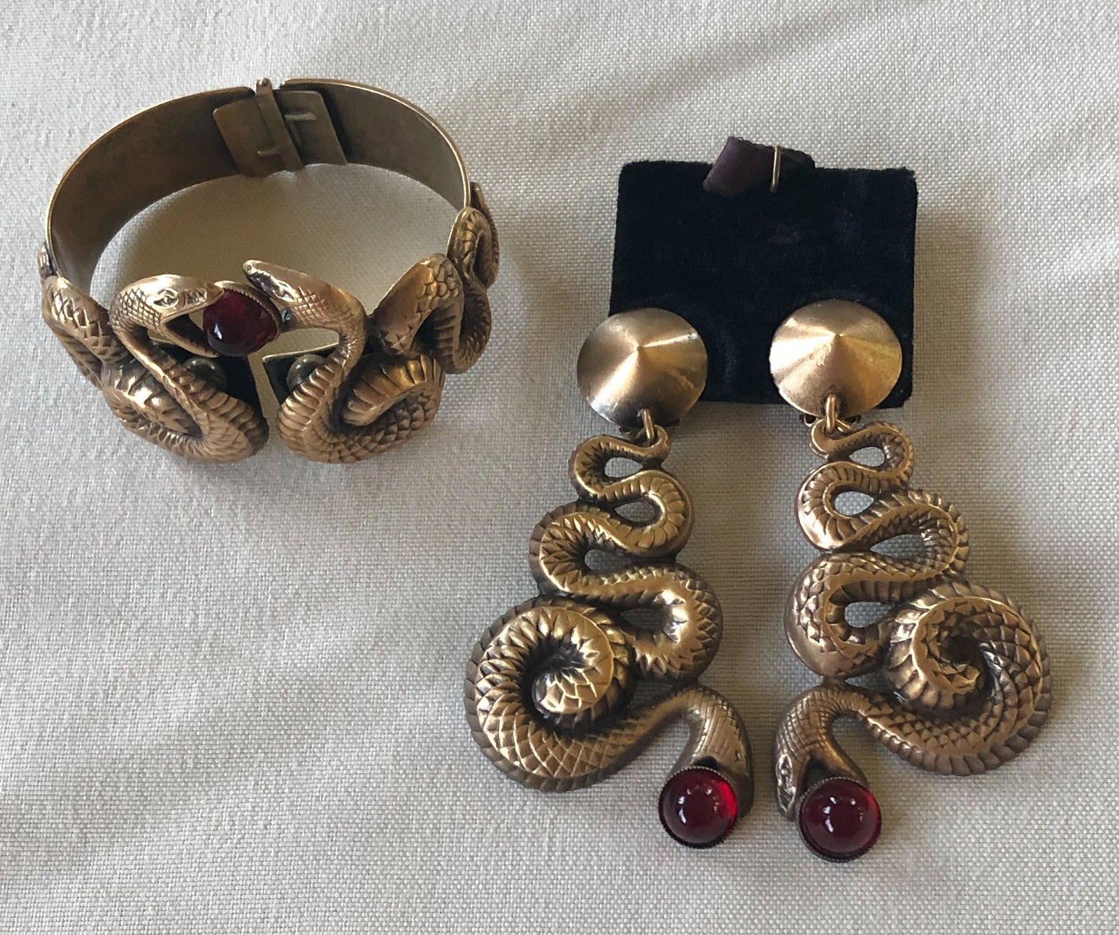 Joseff of Hollywood Snake Bracelet w/red stone: Joseff of Hollywood Snake Bracelet w/red stone, 2 3/4" x 2" , w/Snake Earrings, 3 1/4"