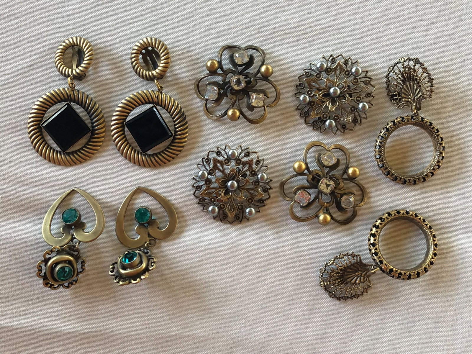 Joseff of Hollywood (5) Pr Earrings,: Joseff of Hollywood (5) Pr Earrings, Hoop w/fan, 2 3/4", double hoop w/stone,2 3/4", heart w/stones, 2 1/2", concentric hearts, 2", circular flower w/pearls, 1 3/4"